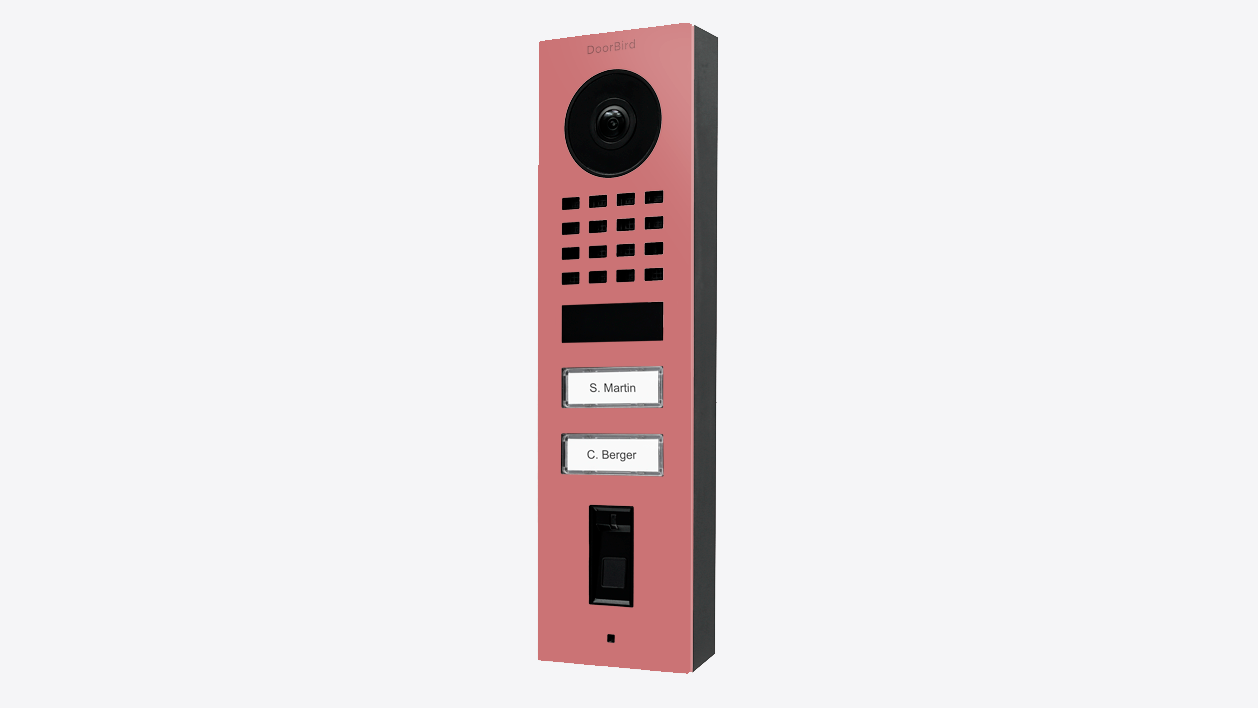 Antique pink video door station with camera, keypad, and call buttons