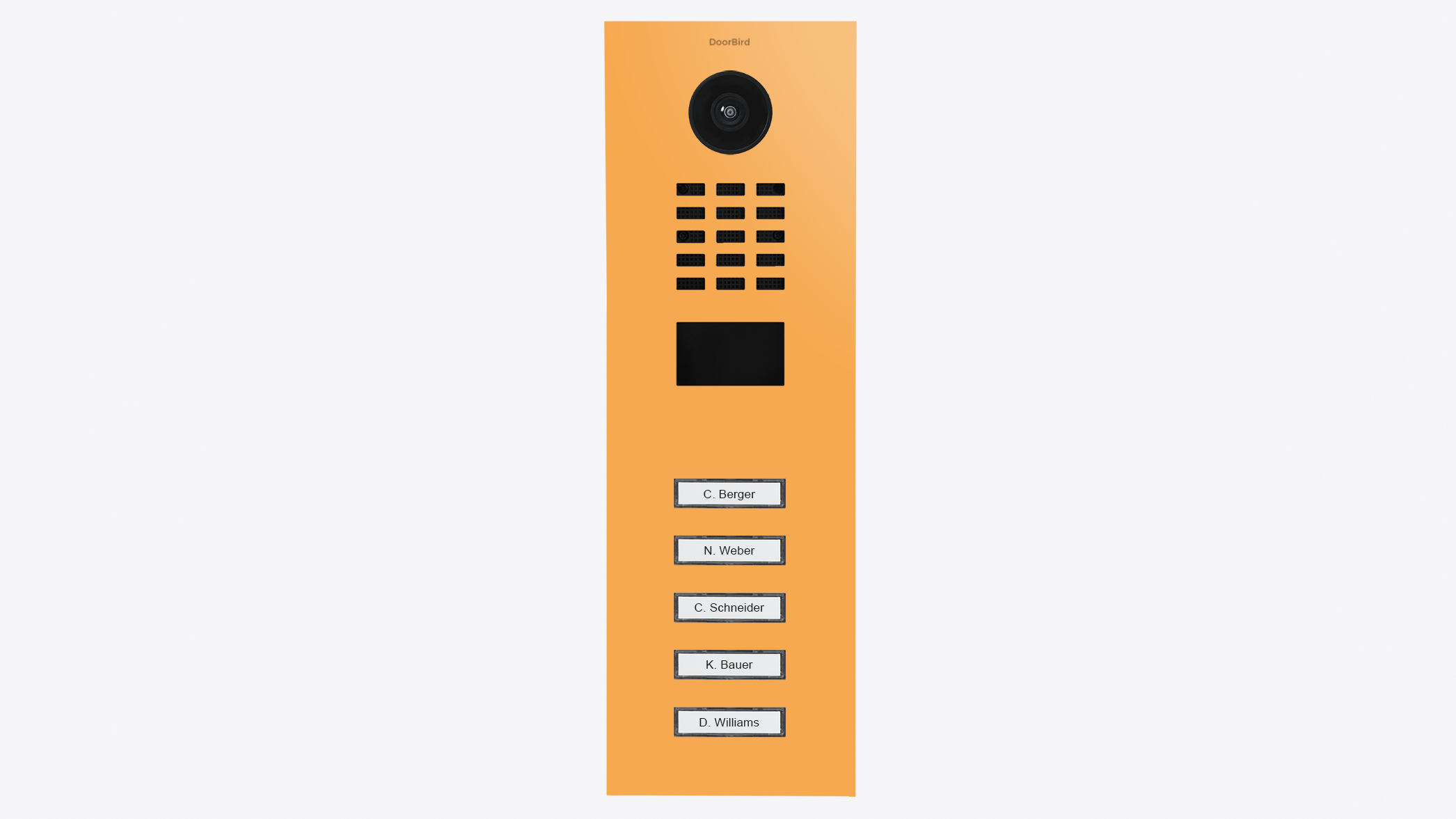 Saffron yellow IP video door station with camera lens and five call buttons