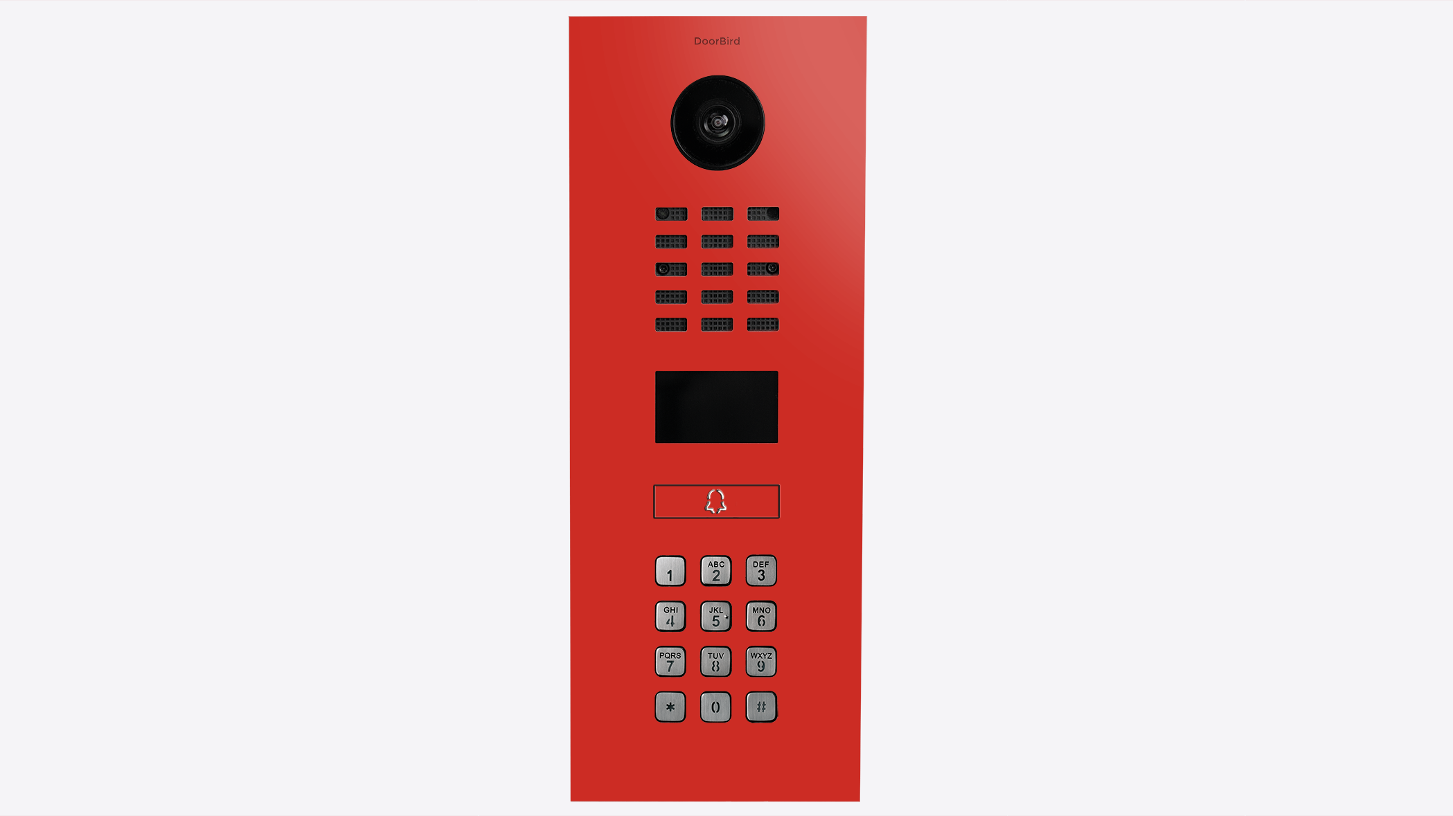 DoorBird video intercom in pure red with camera lens, speaker grille, and keypad