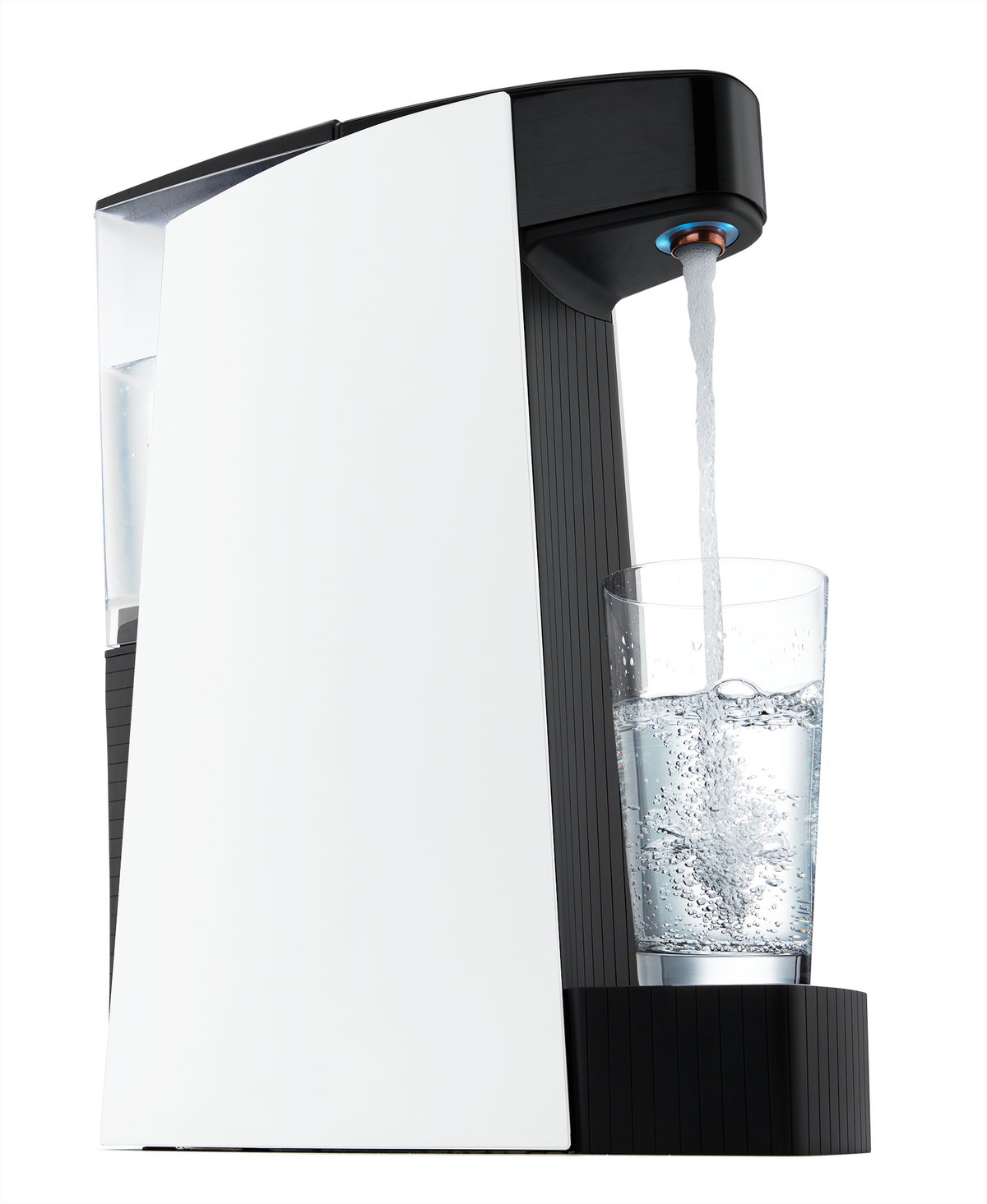 White and black sparkling water maker pouring sparkling water into a glass