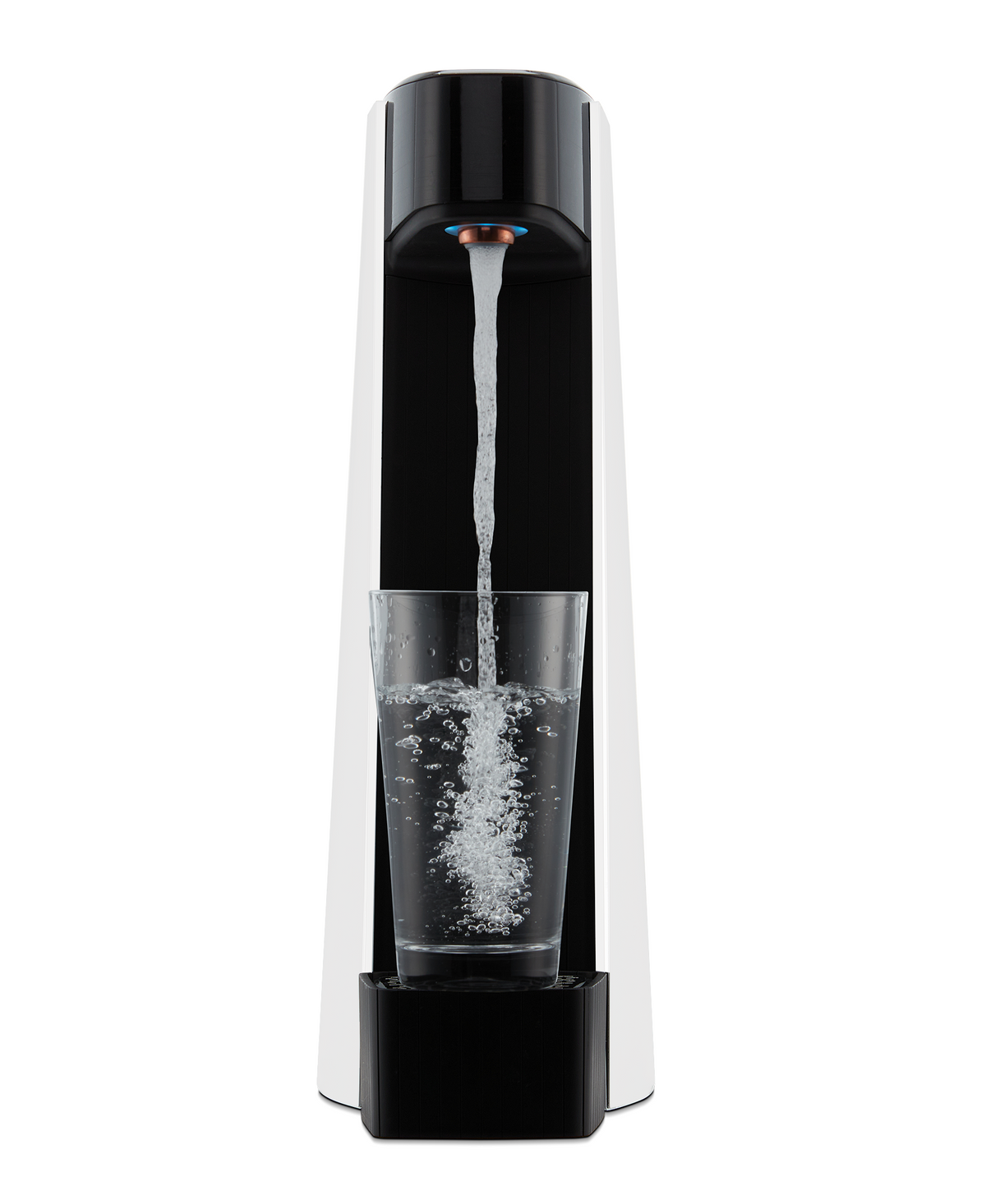 Front view of white sparkling water maker with water stream into a tall glass