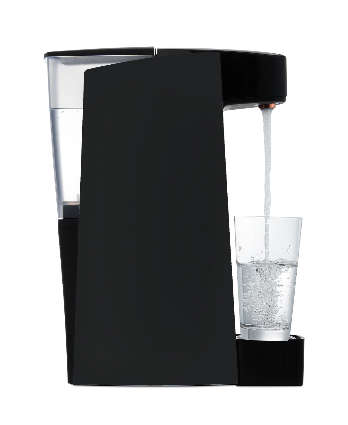 Black countertop sparkling water maker dispensing into a clear drinking glass
