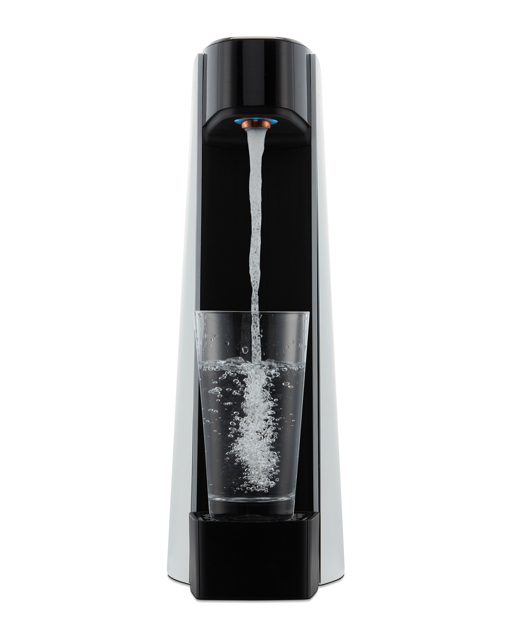Countertop sparkling water maker dispensing carbonated water into tall glass, black top and base