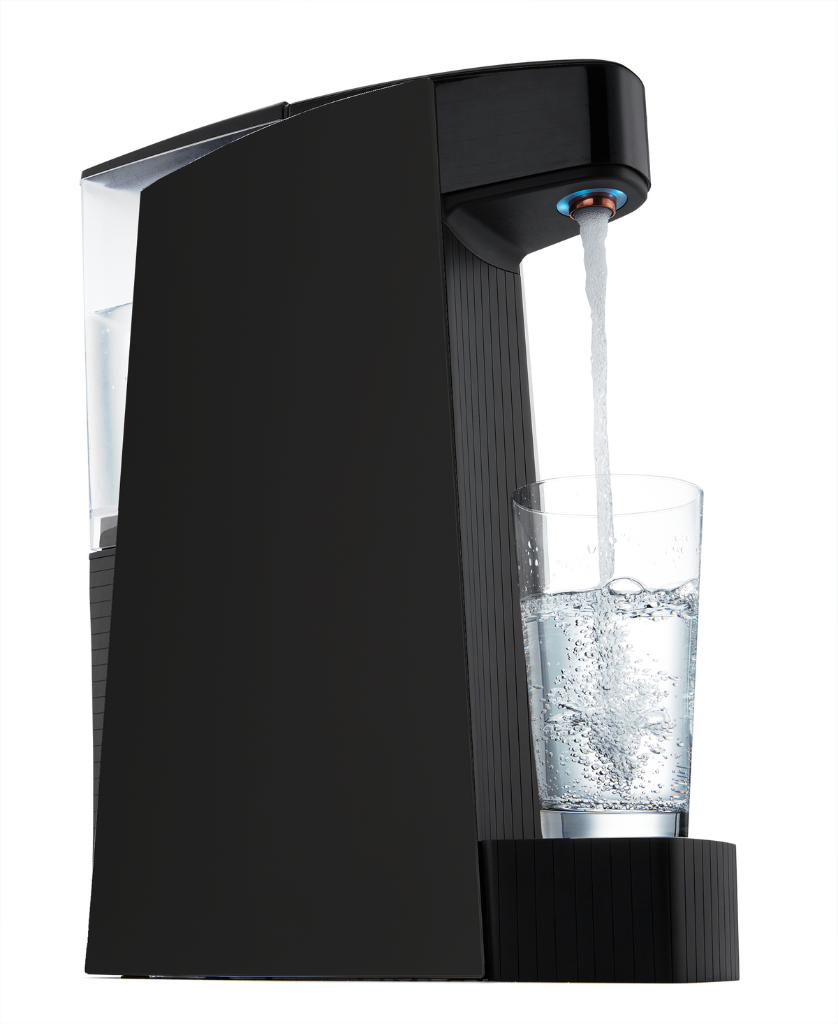 Black sparkling water maker pouring sparkling water into a clear glass
