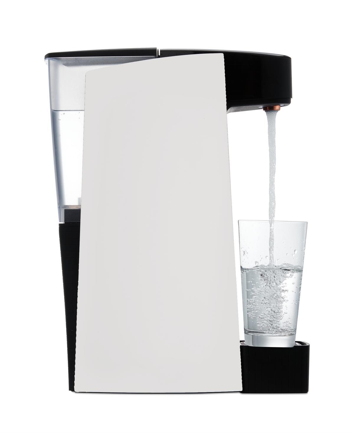 Side view of white sparkling water maker pouring water into a clear cup