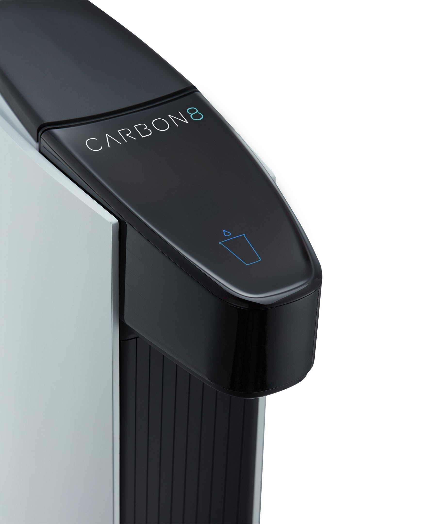 Black one-touch control lever with Carbon8 branding on sparkling water maker