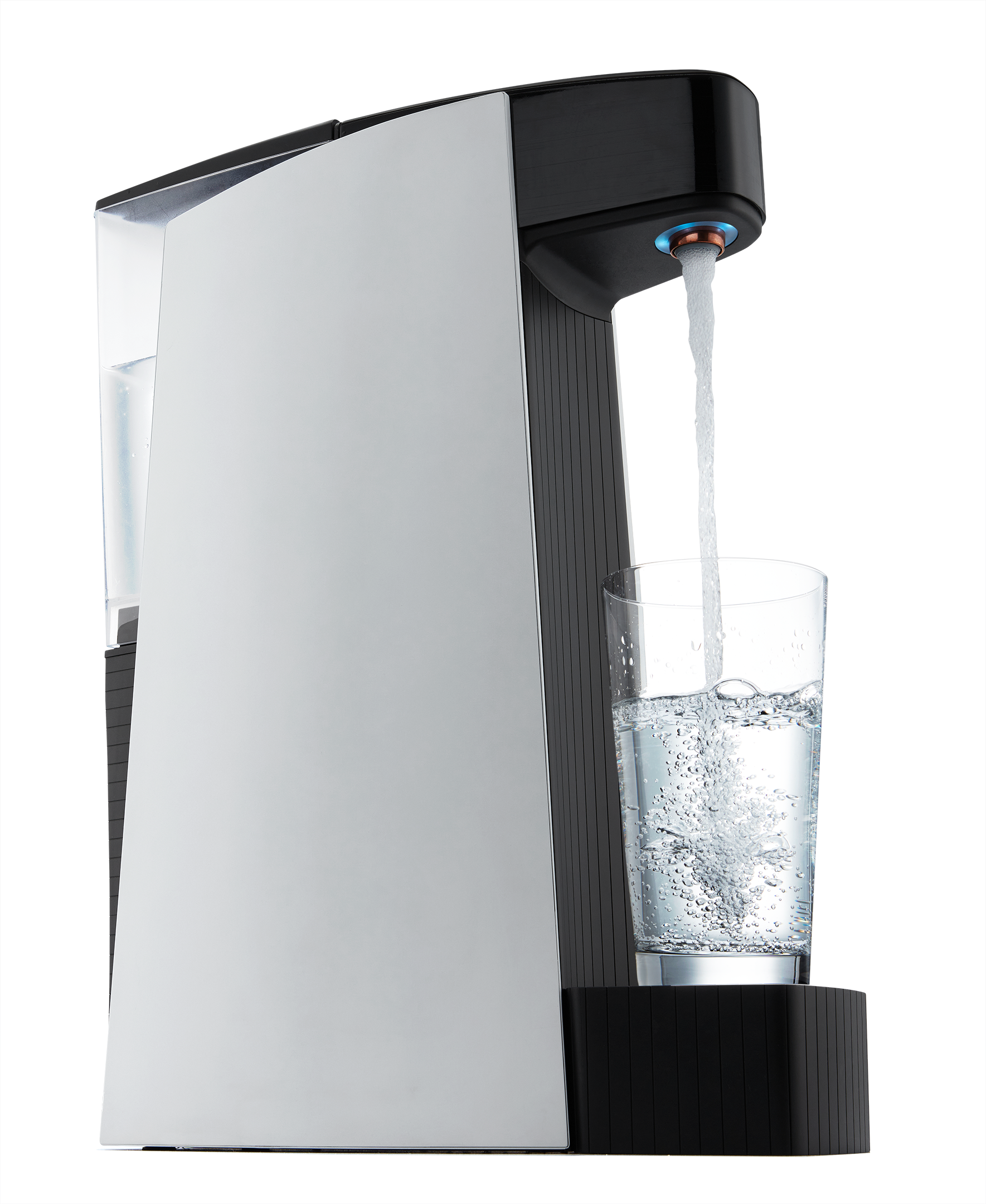 Carbon8 sparkling water maker dispensing water into clear cup on a white background