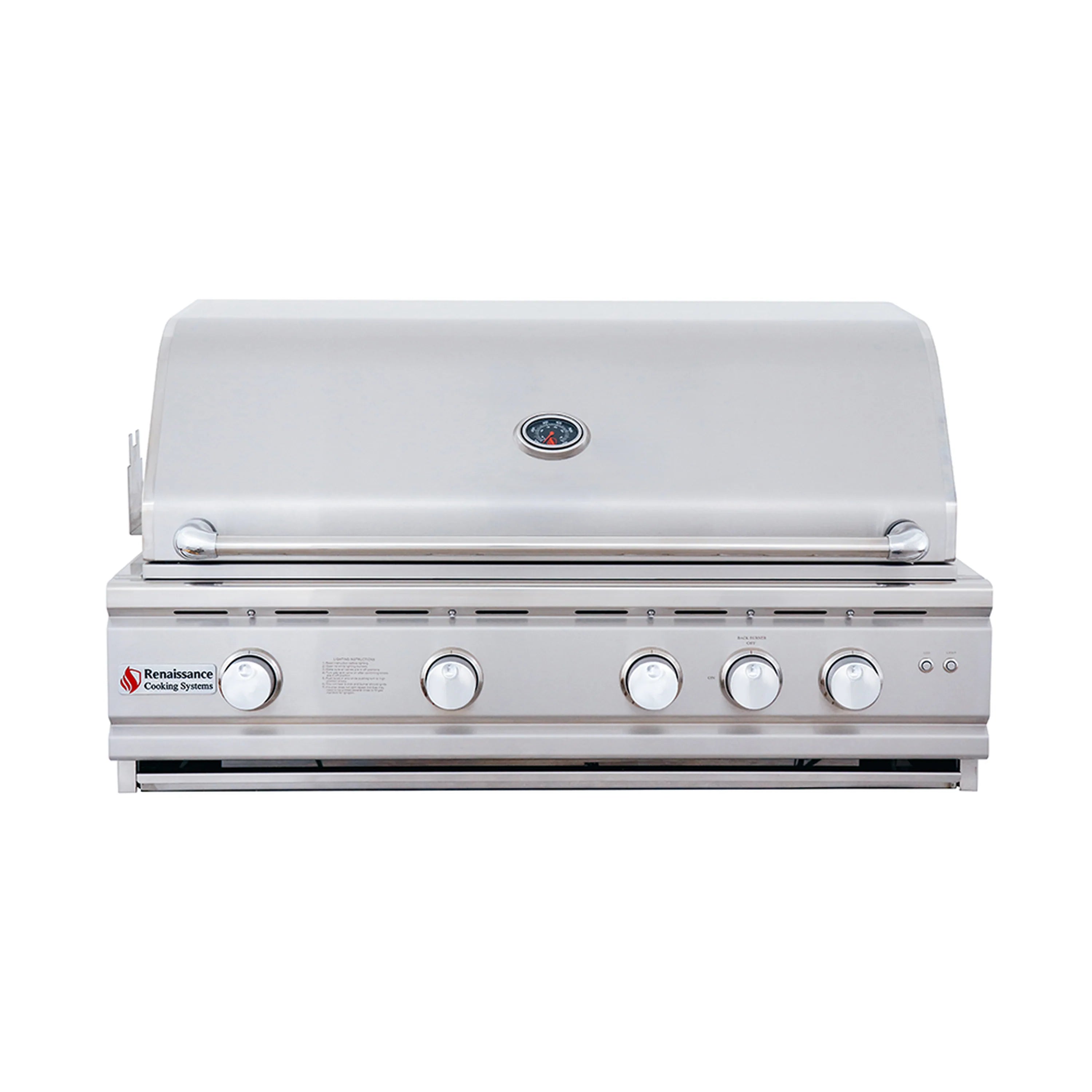 White stainless gas grill front with four control knobs and emblem on closed lid