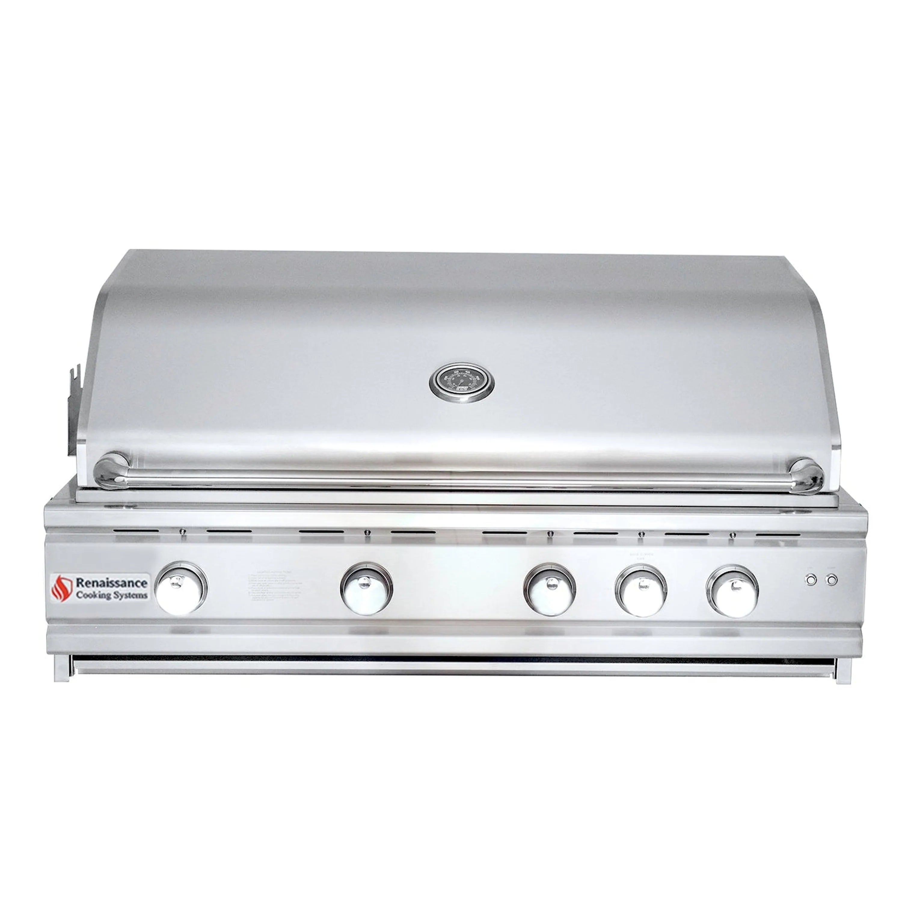 Stainless steel gas grill front view with closed hood and control knobs