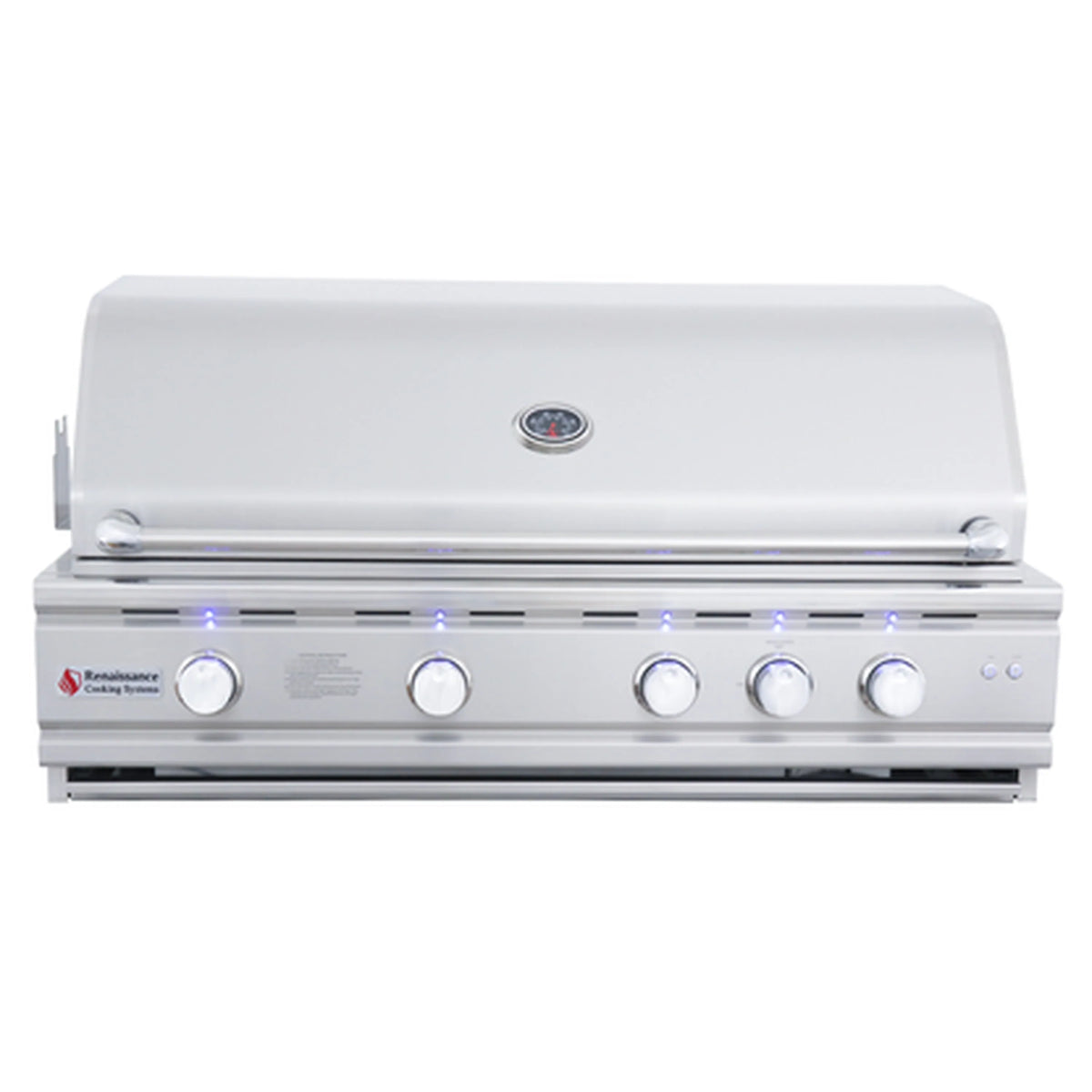 Stainless steel gas grill with blue LED knobs lit under the closed hood