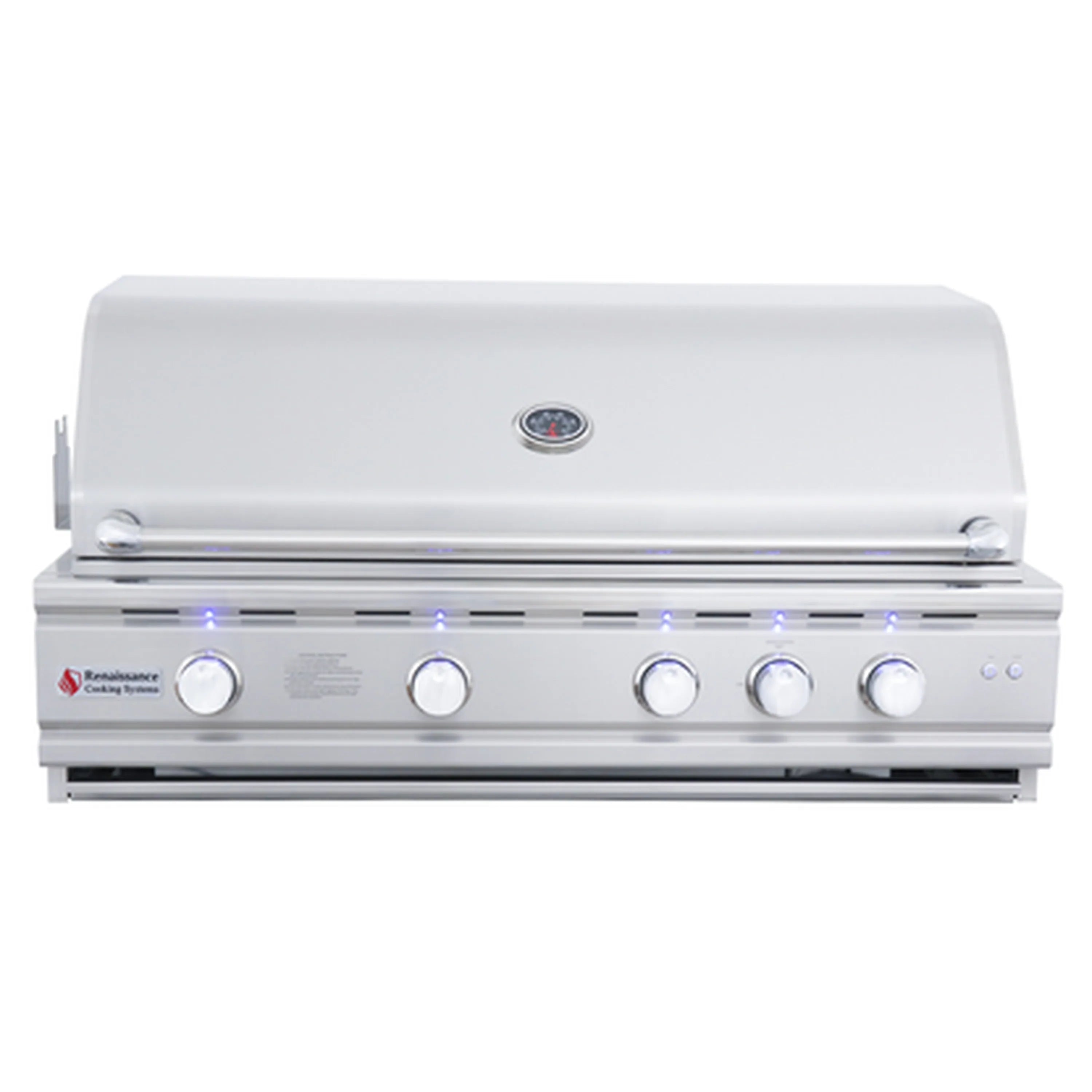 Renaissance gas grill front with blue LED control lights and silver control knobs