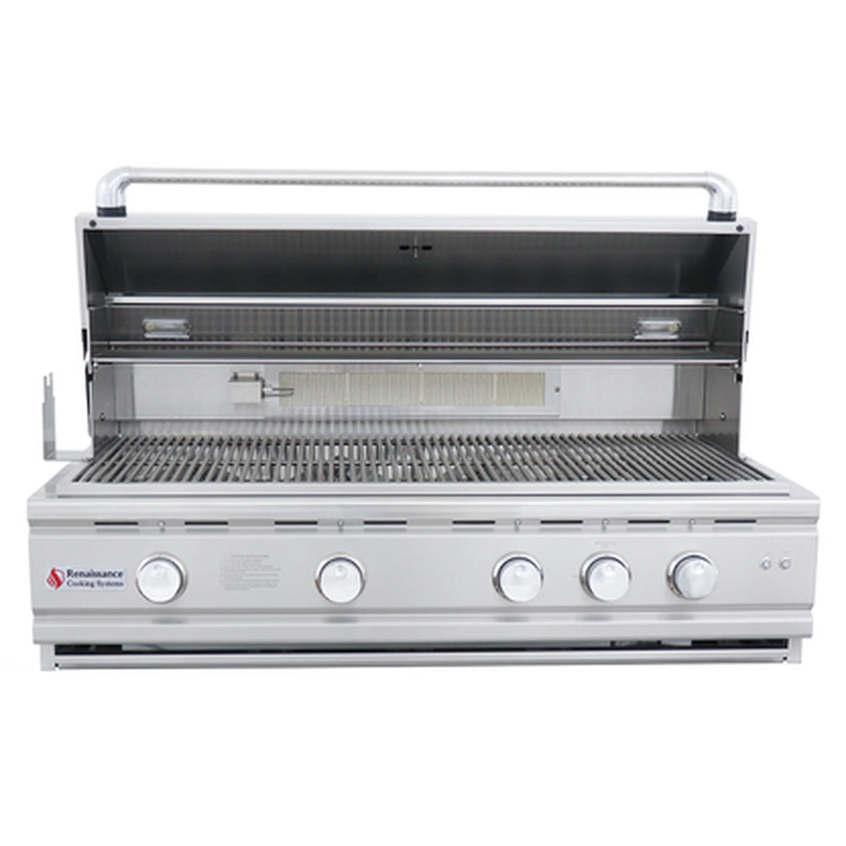 Stainless steel gas grill with lid open, cooking grates, and heat shield inside