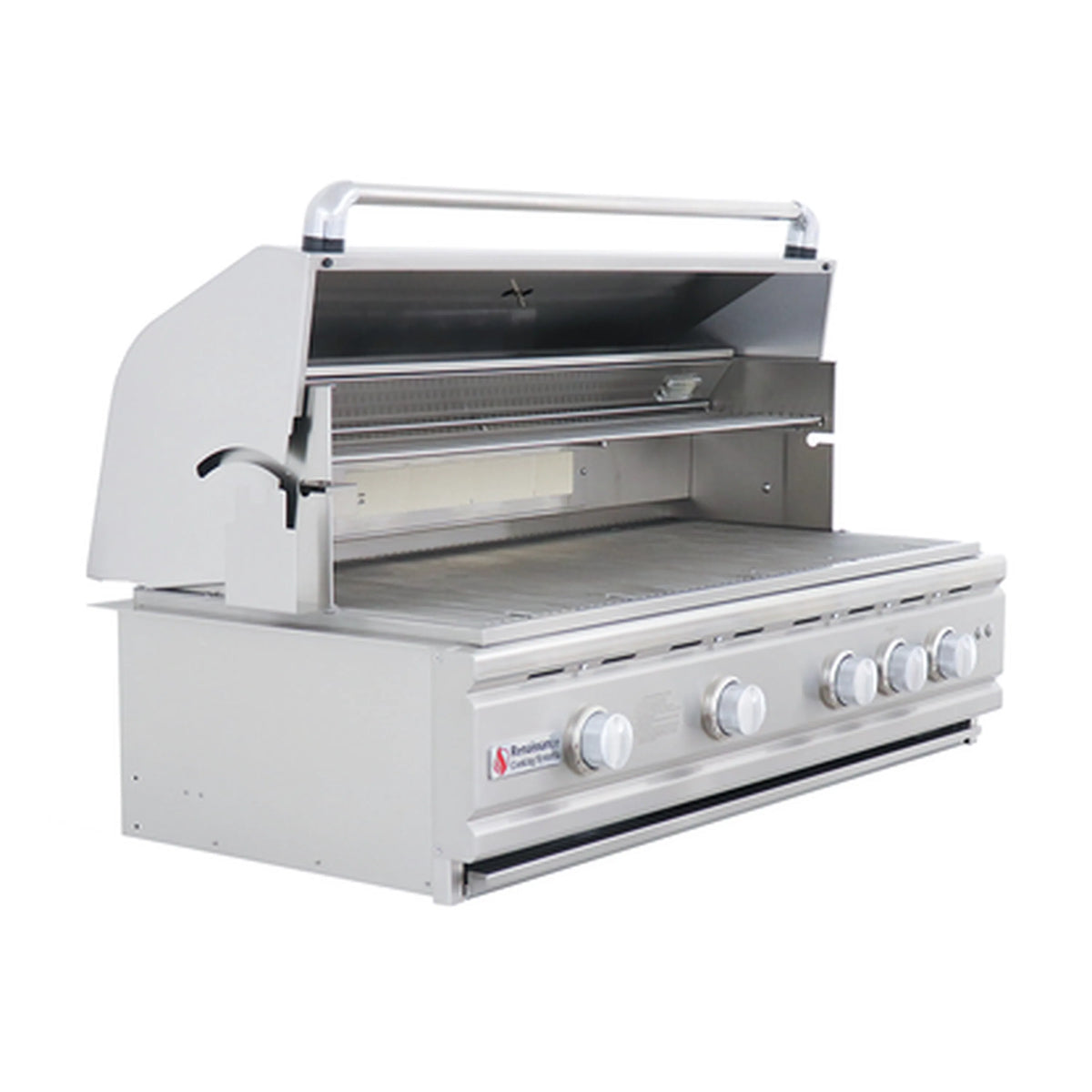 Stainless steel gas grill with lid open showing interior grates and front control knobs
