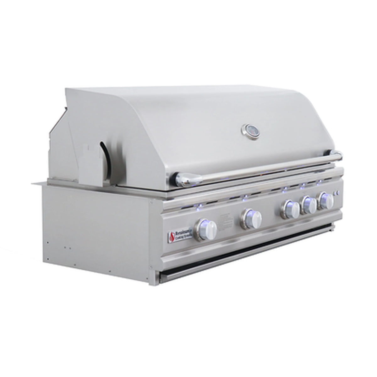 Stainless steel gas grill in side profile with closed lid and control panel with knobs
