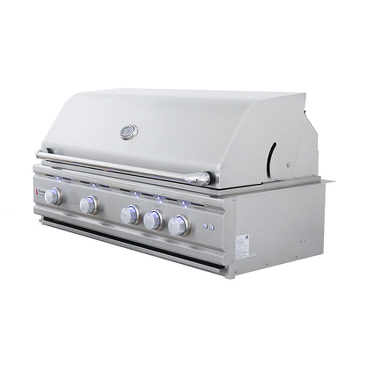 Stainless steel gas grill side view with blue LED accents and control knobs