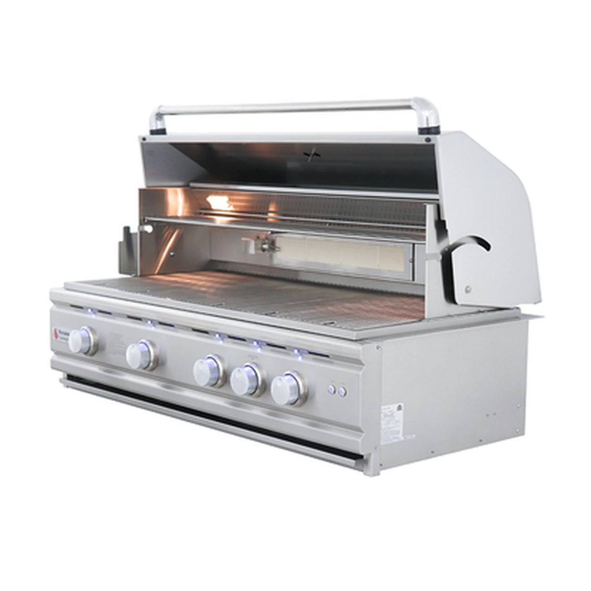 Stainless steel gas grill with lid open, visible flames, and warming tray inside