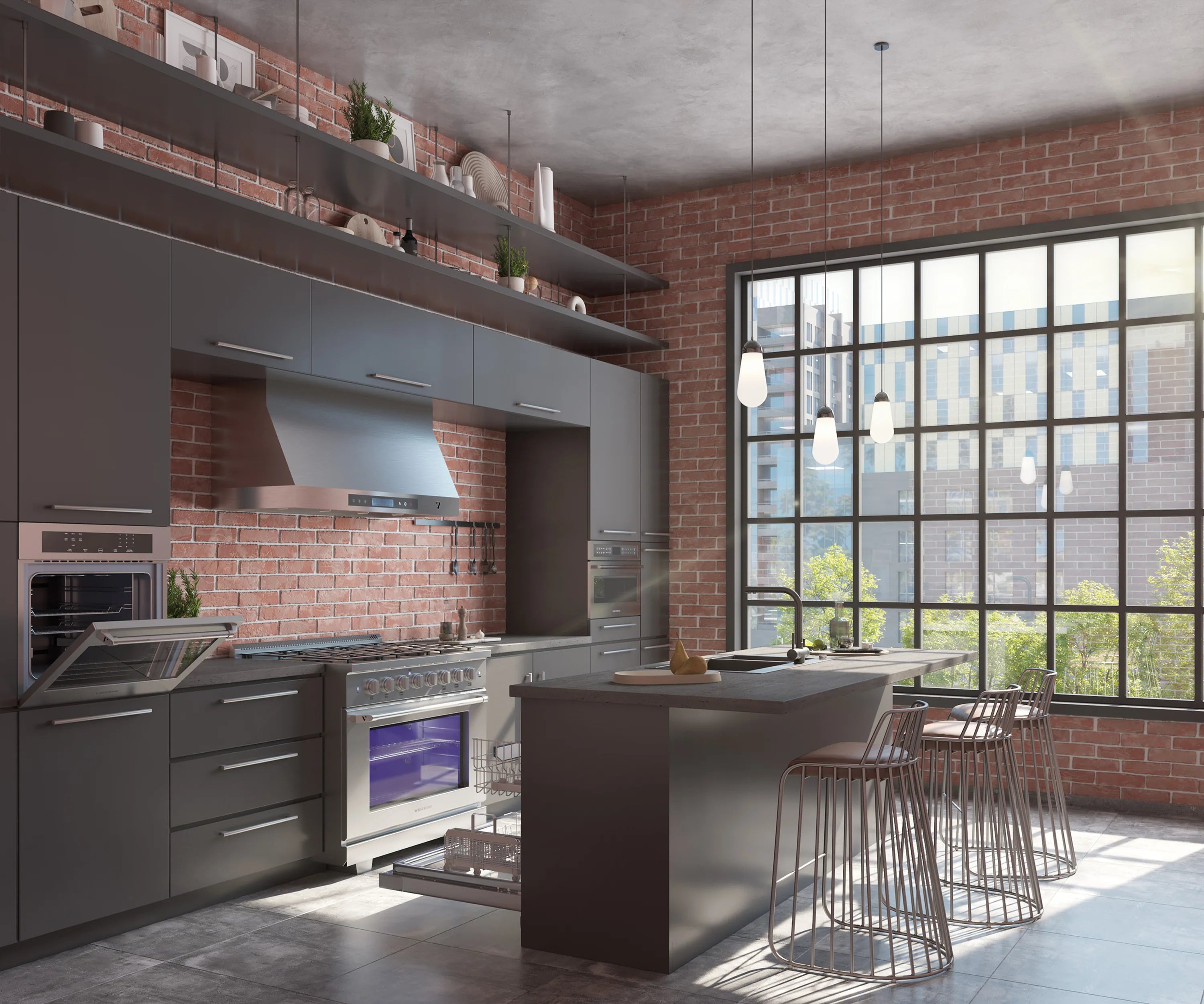 Stainless steel wall-mount range hood with long chimney and integrated light strip