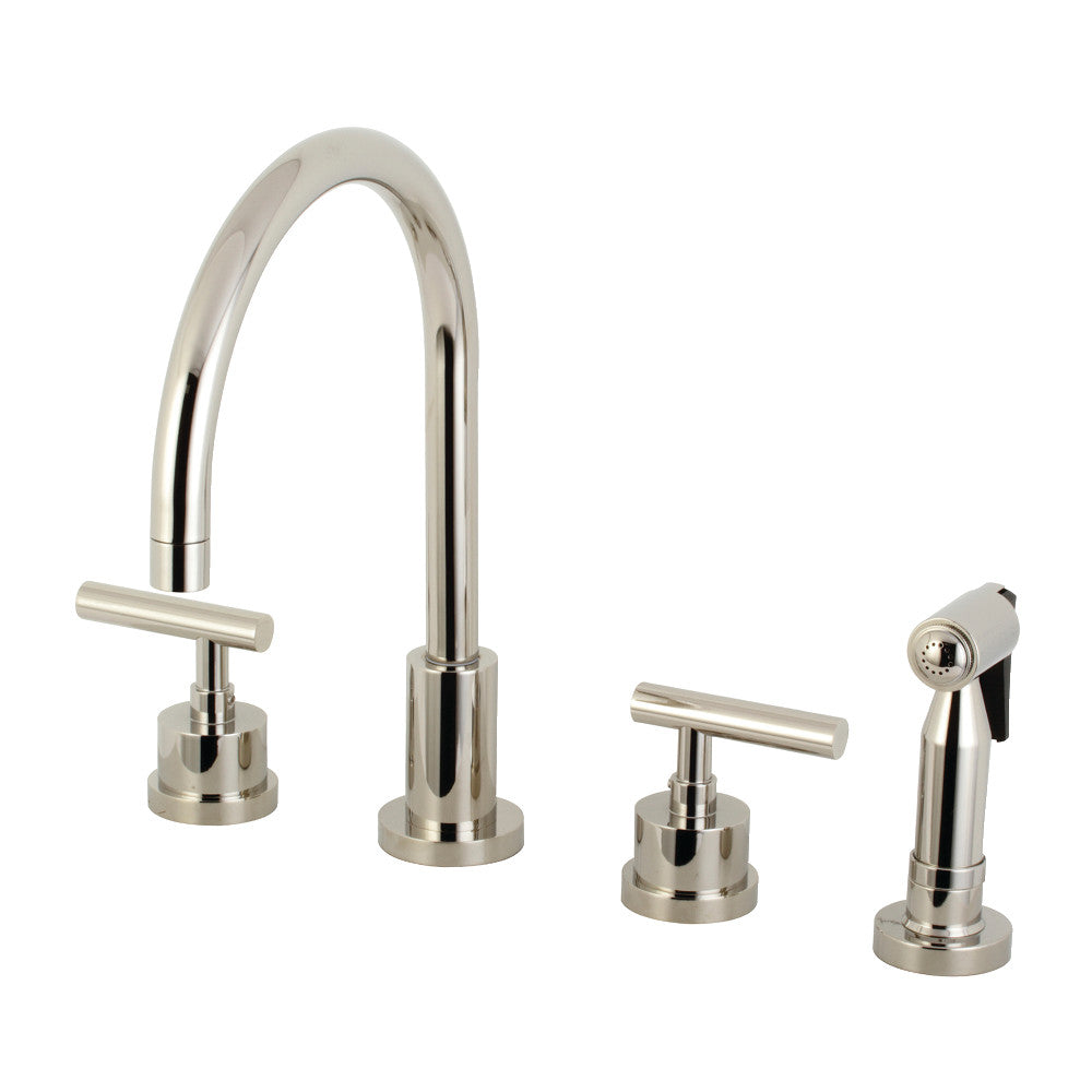 Polished nickel kitchen faucet with two handles and sprayer