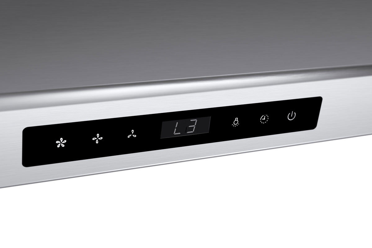 Stainless steel range hood control panel with black touch display and icon buttons