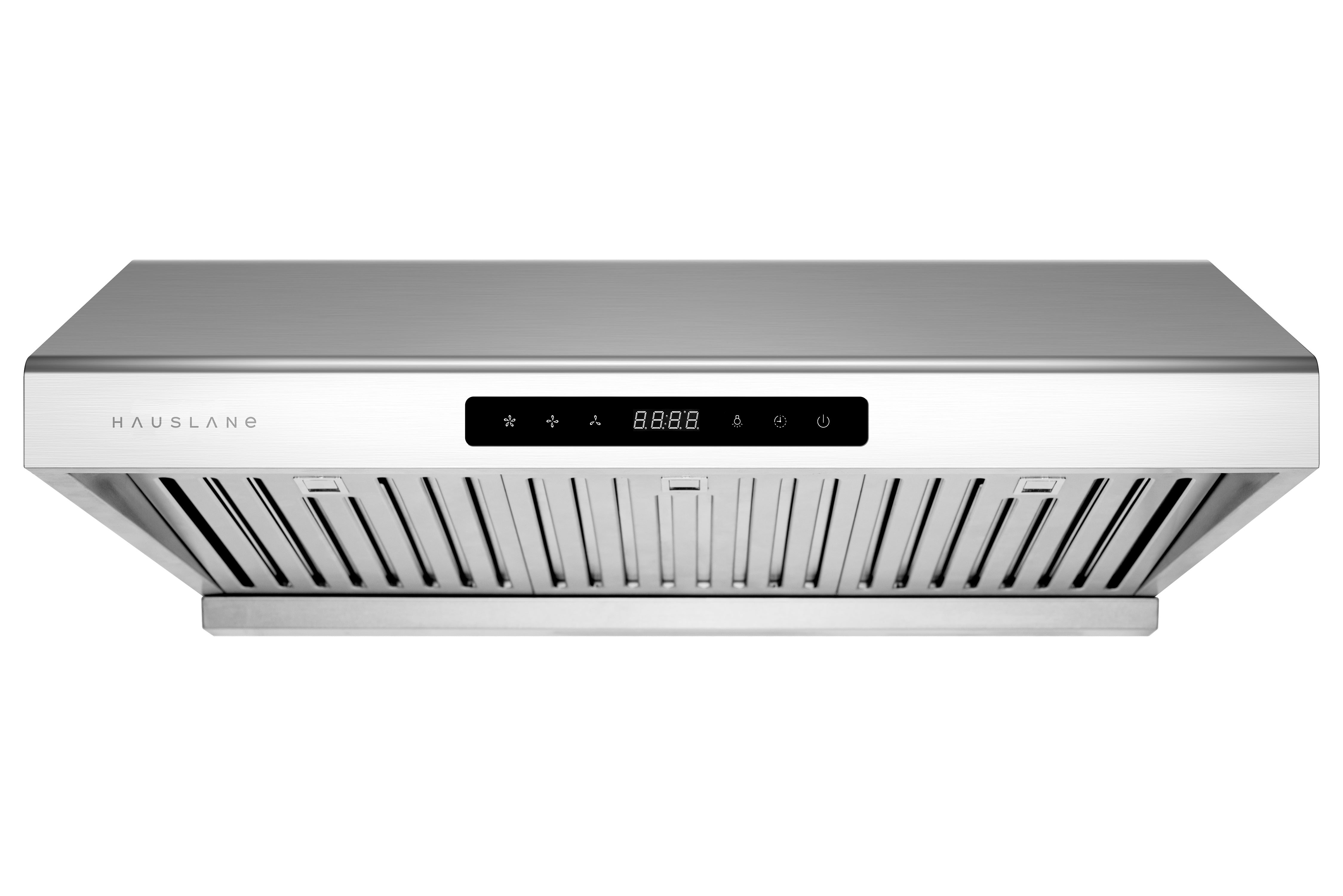 Under-cabinet range hood with stainless steel body and black digital control display