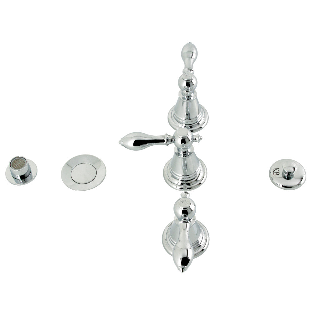 Polished chrome Victorian three-handle bidet faucet with pop-up assembly