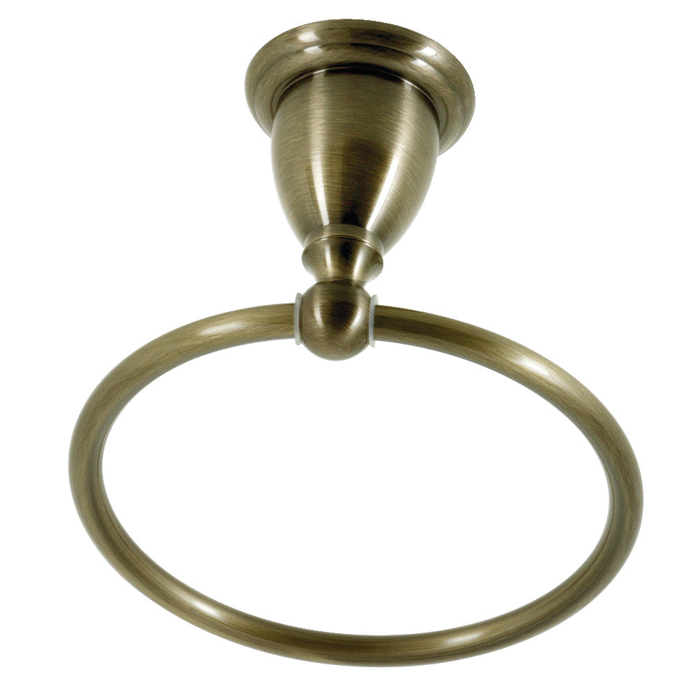 Antique brass towel ring with decorative round mounting base
