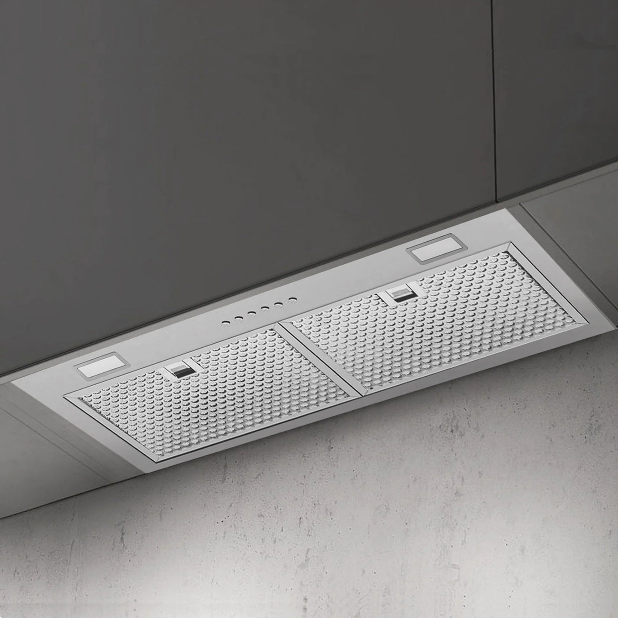 Stainless steel insert range hood with dual mesh filters and control area near edge
