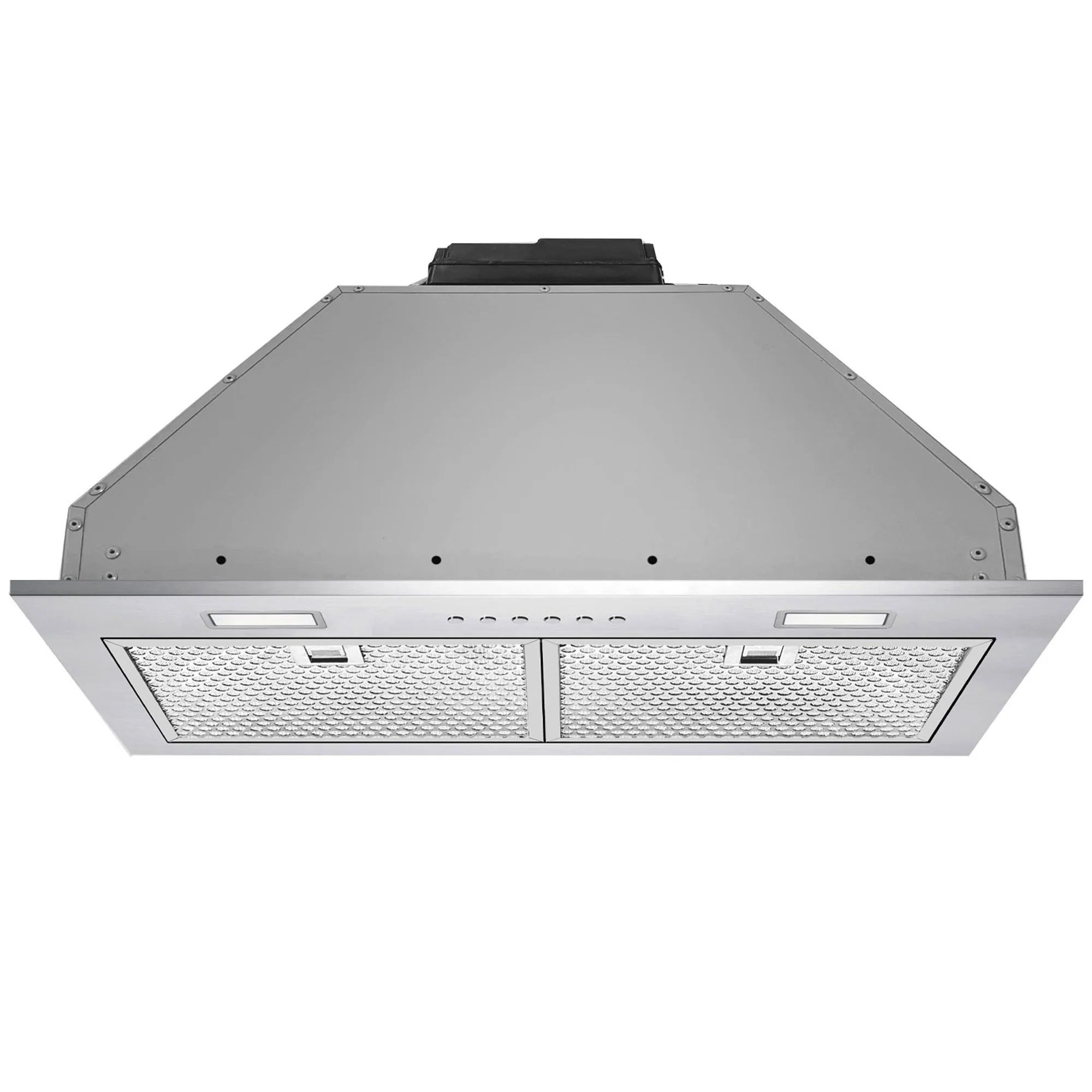 Stainless steel insert range hood underside with two rectangular mesh filter grilles