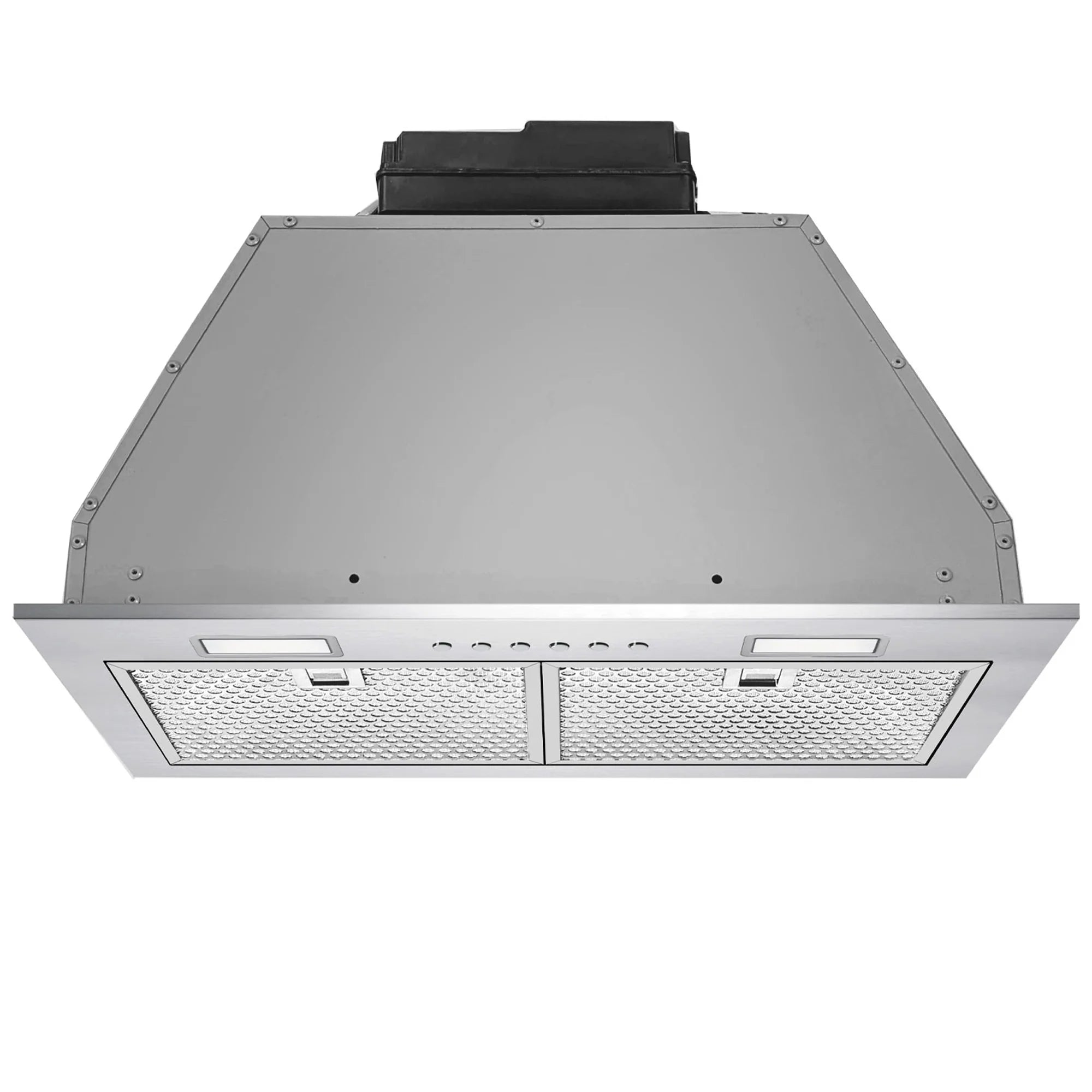 Stainless steel range hood insert with two front mesh filter panels and vent slots