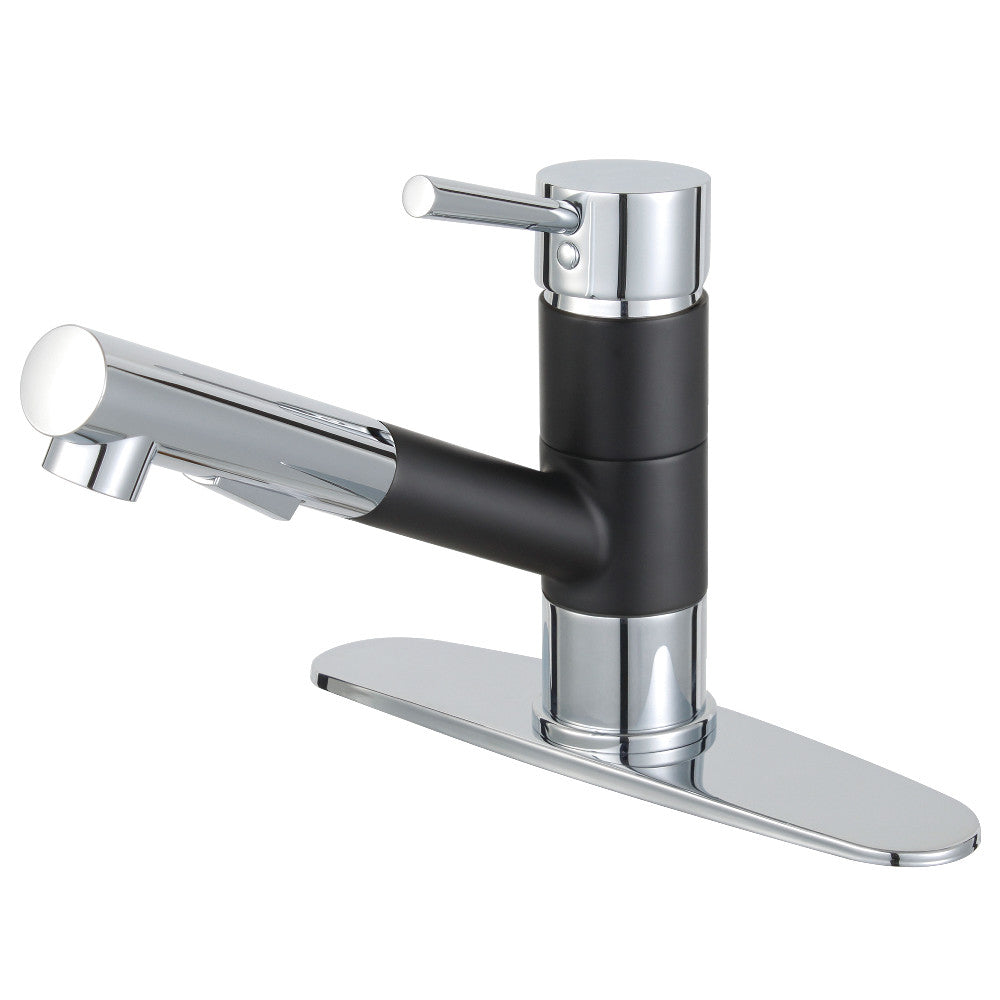 Matte black and polished chrome single-handle kitchen faucet with pull-out spout
