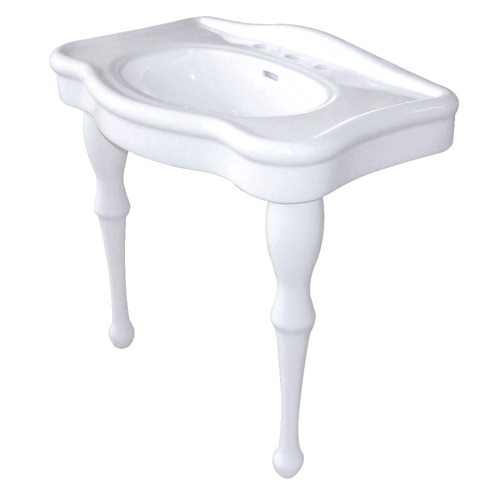 White ceramic console sink with three faucet holes and pedestal legs, glossy finish
