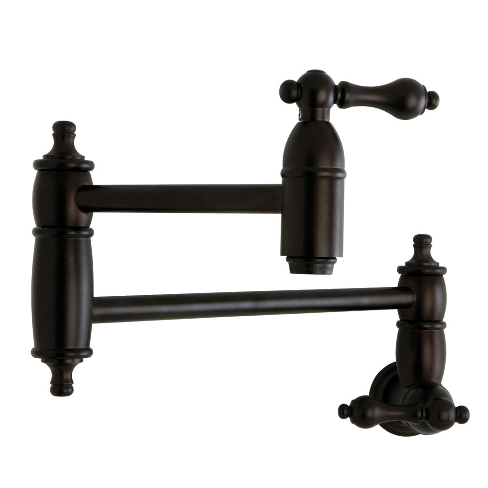 Oil-rubbed bronze wall-mount pot filler faucet with spout and two handles