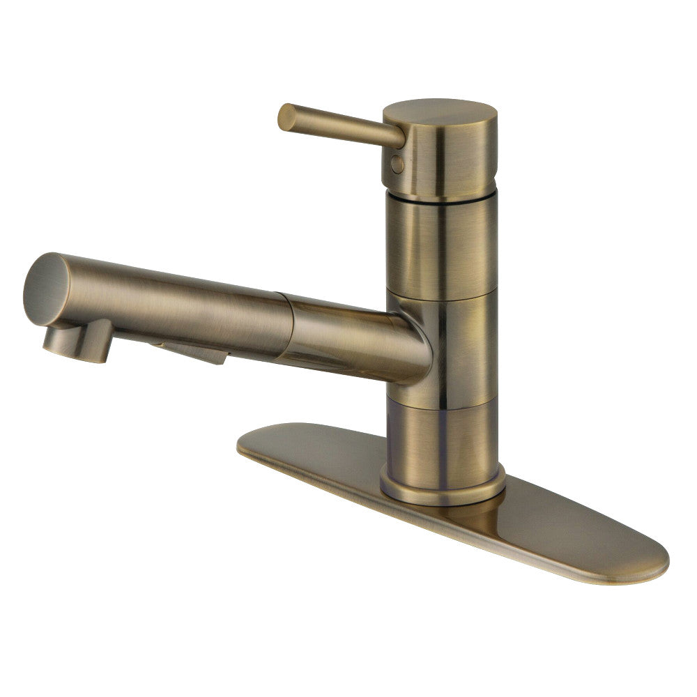 Antique brass single-handle pull-out kitchen faucet with tall arched spout