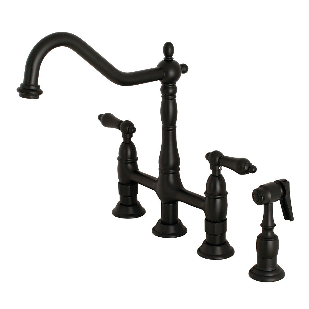 Matte black bridge kitchen faucet with brass side sprayer and cross handles