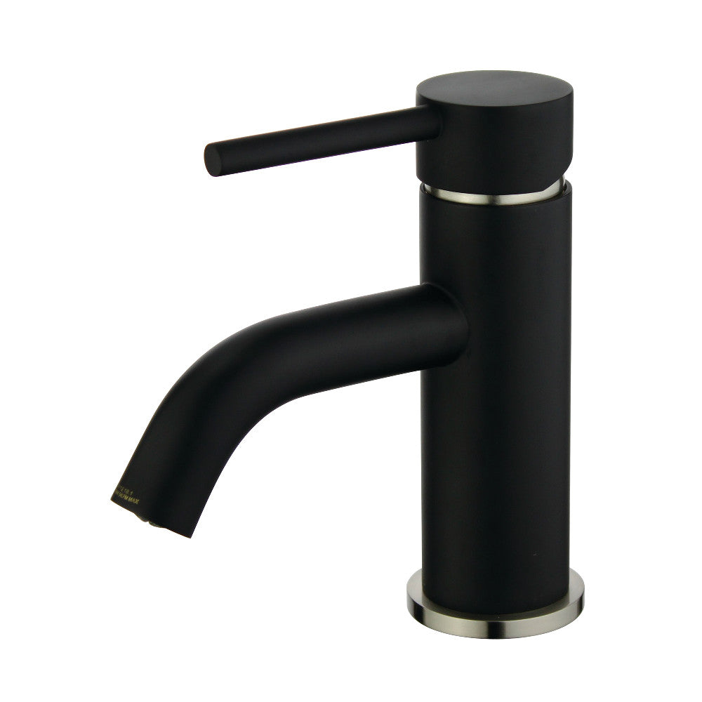 Matte black bathroom faucet with single lever and brushed nickel base ring