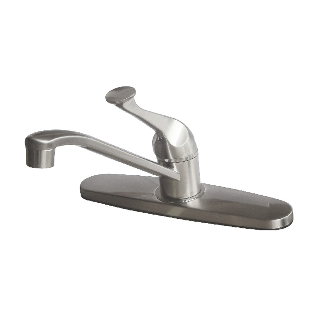 Brushed nickel single-handle centerset kitchen faucet with arched spout and deck plate