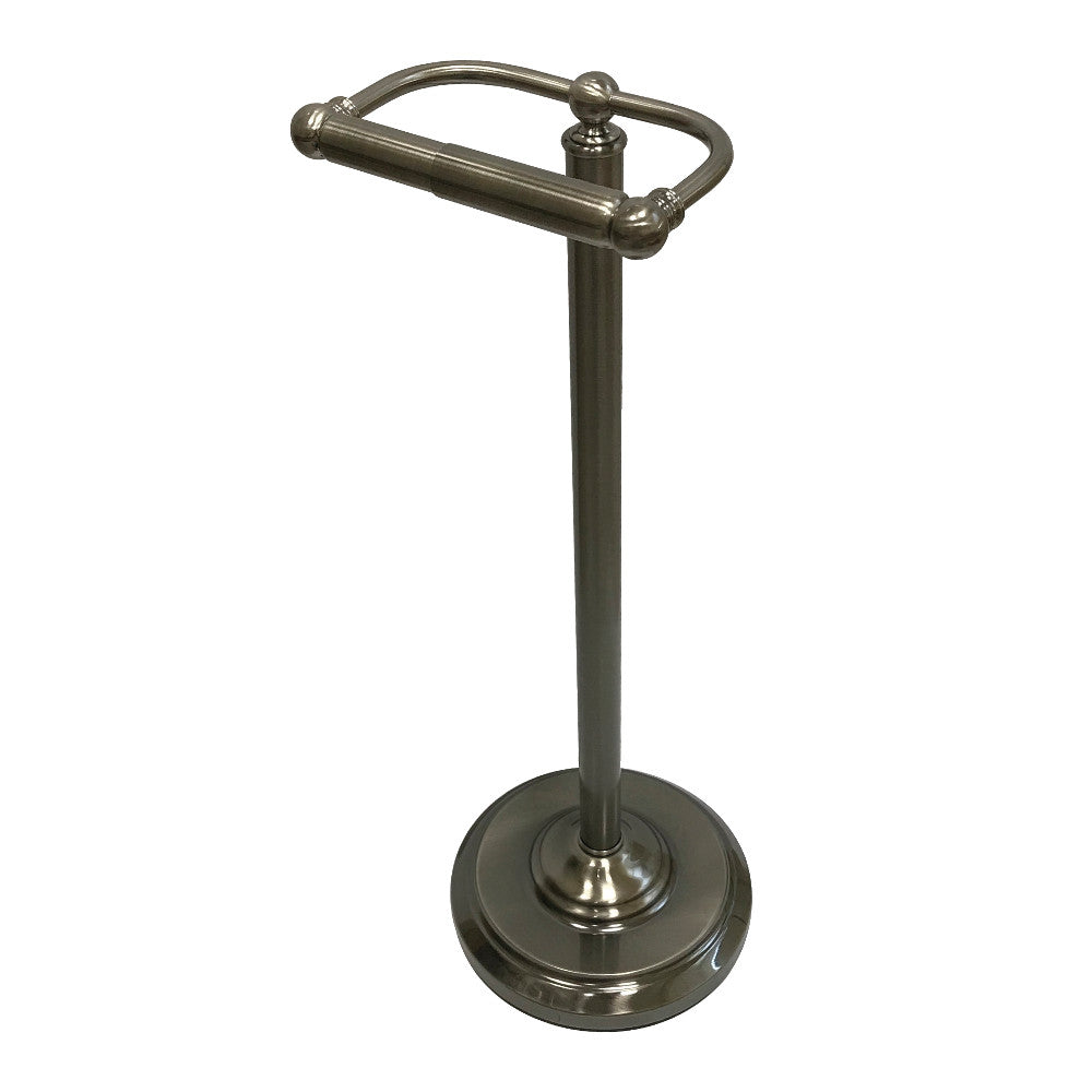 Freestanding toilet paper holder with round base, vertical post, and bar for rolls, black finish