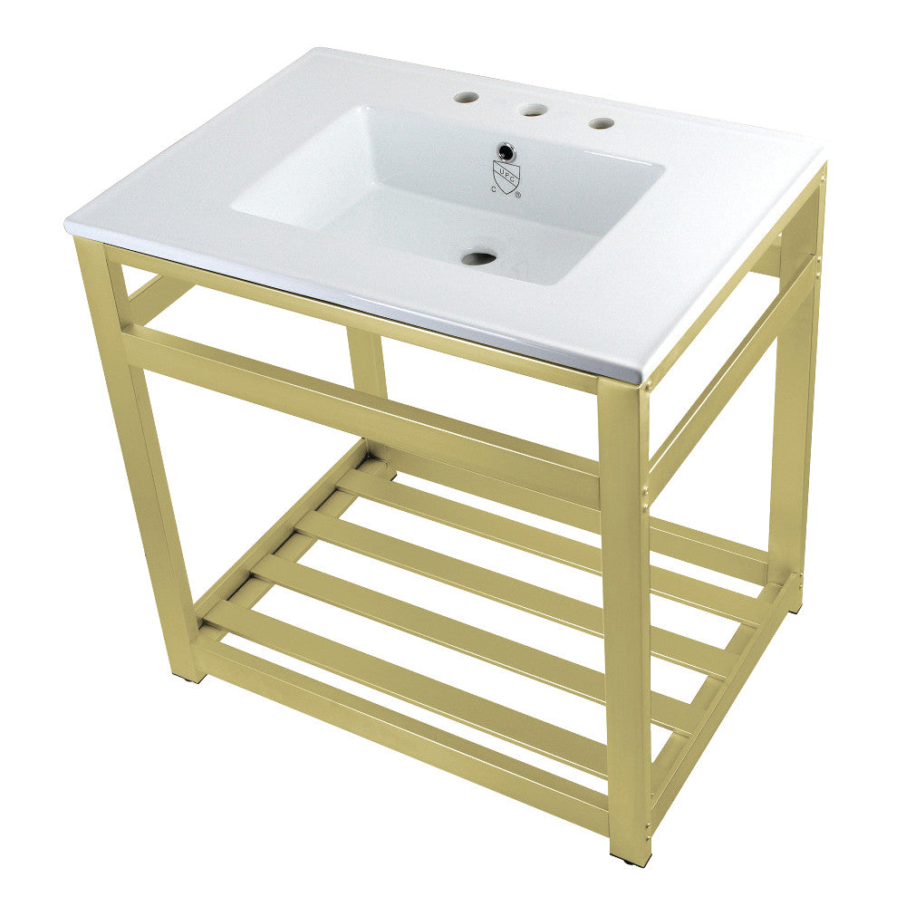 White ceramic console sink with three-hole top, brushed brass steel base and shelf