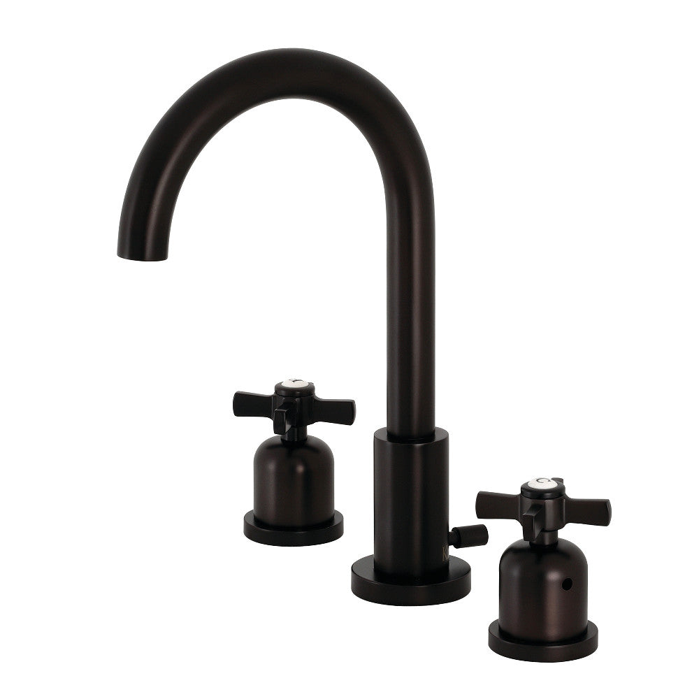 Oil-rubbed bronze widespread bathroom faucet with curved spout and two cross handles