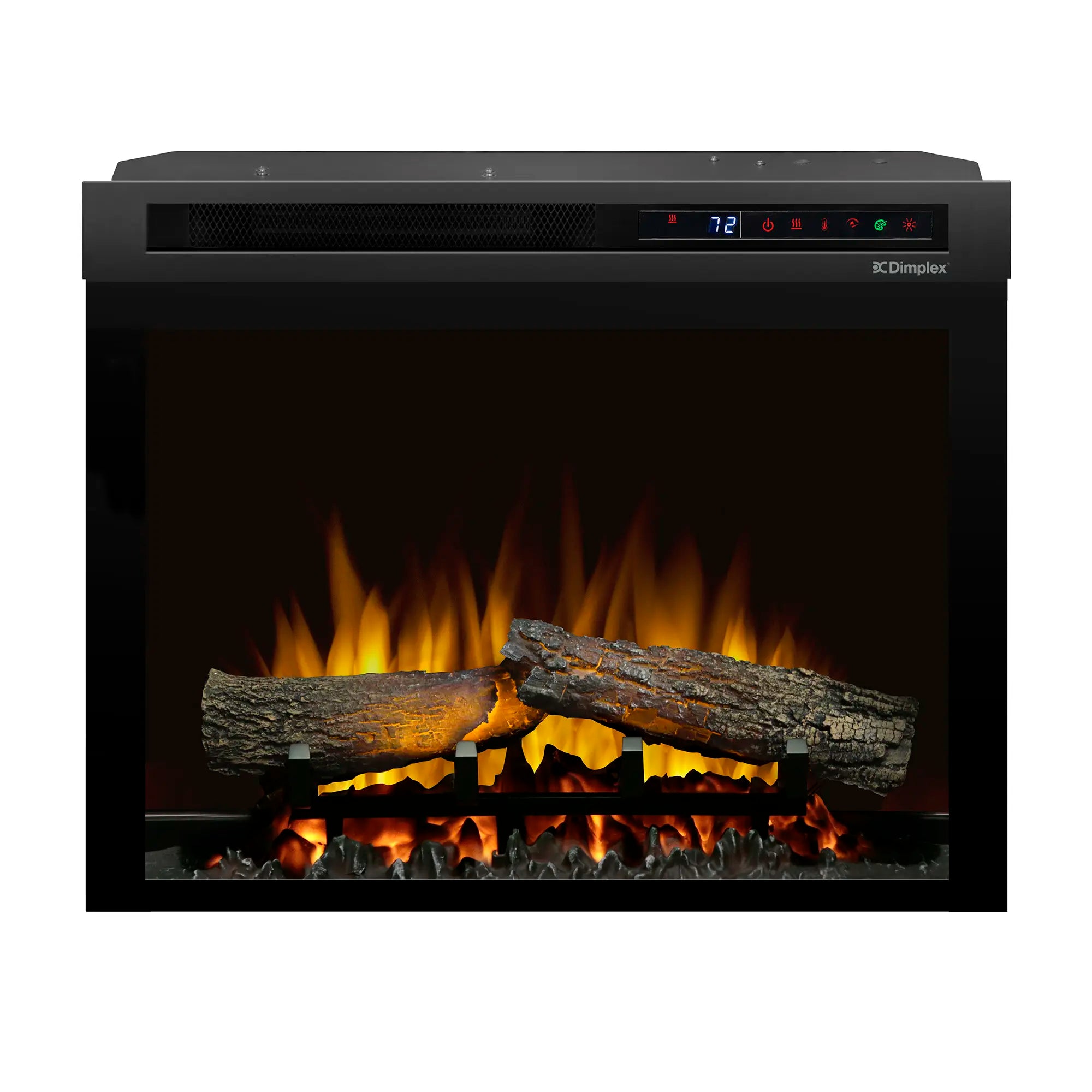 Black electric firebox front view with ember bed, simulated logs, and flame effect