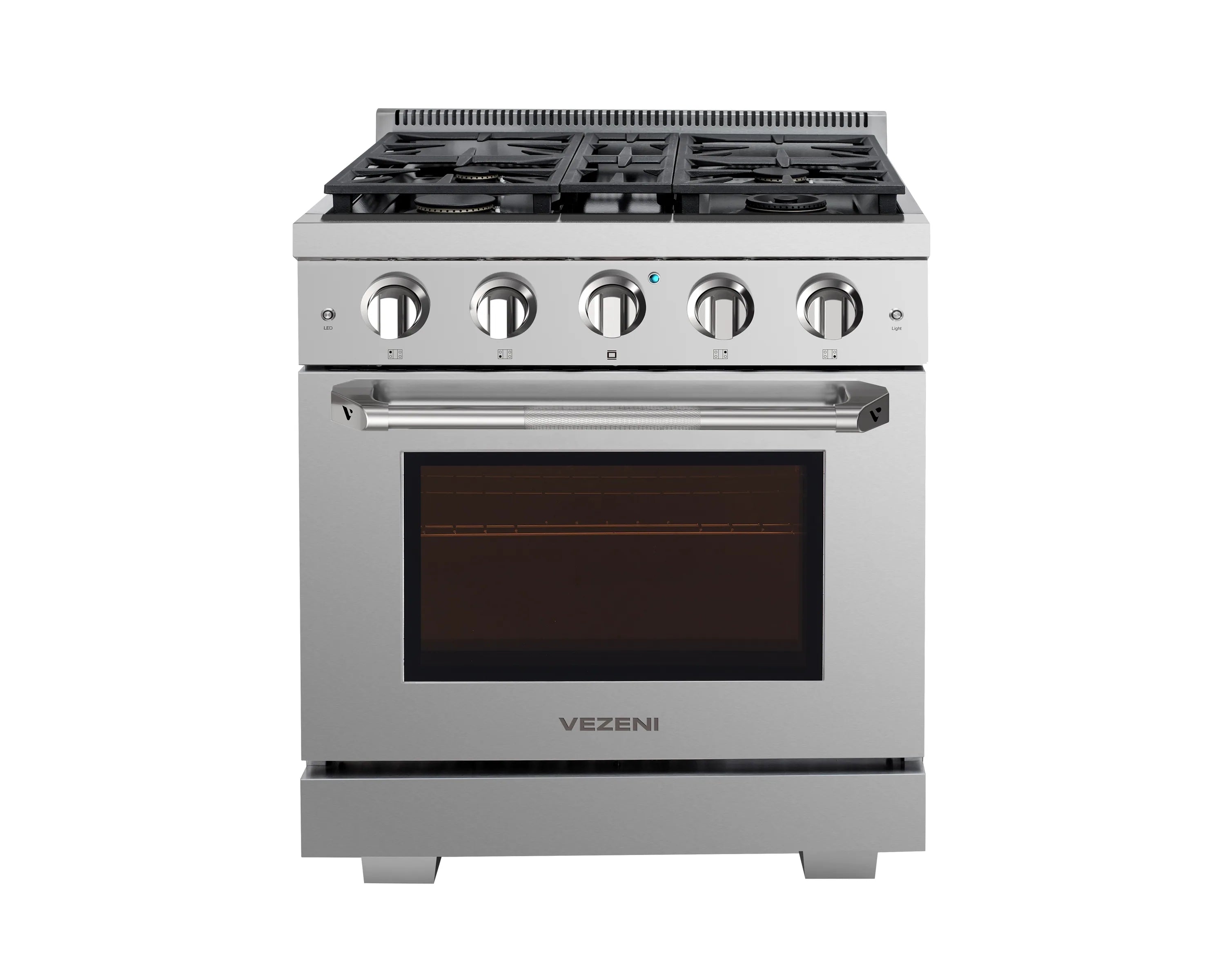 Stainless steel 30-inch gas range with five burners and oven with large viewing window