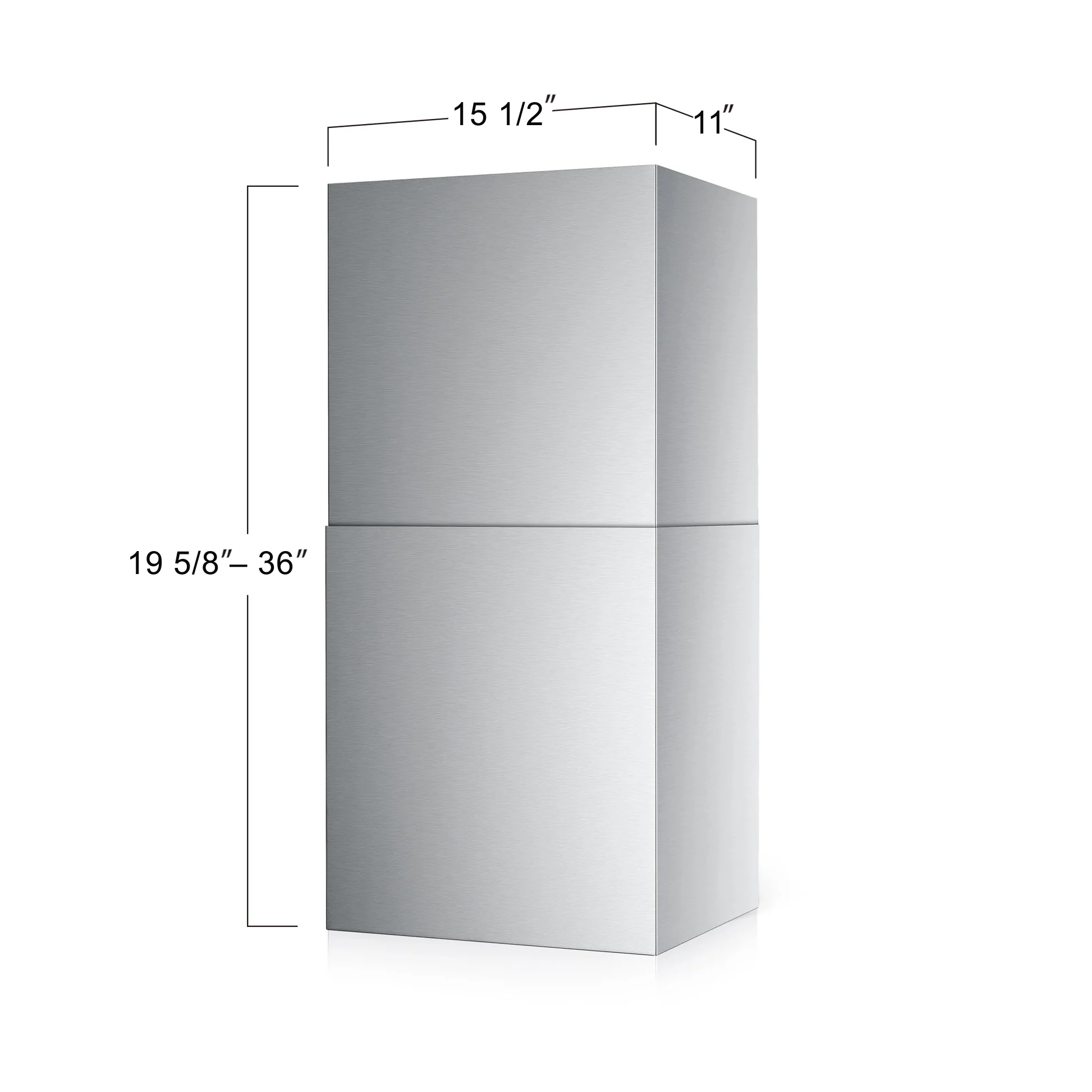 Gray range hood chimney cover with labeled height and width dimensions.