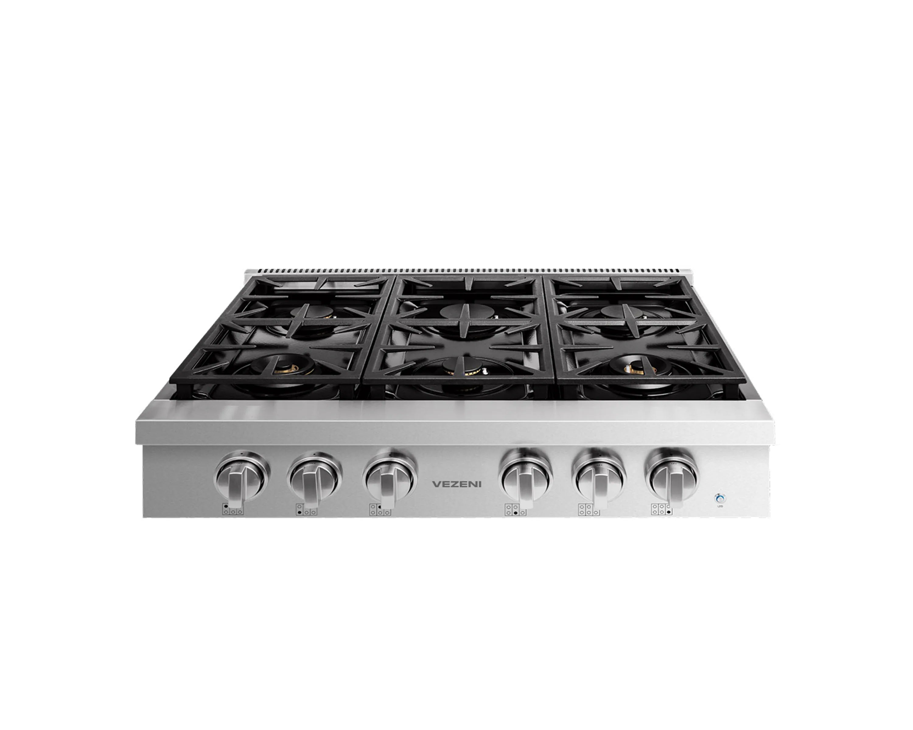 Stainless steel 36-inch gas cooktop with black grates and front control knobs