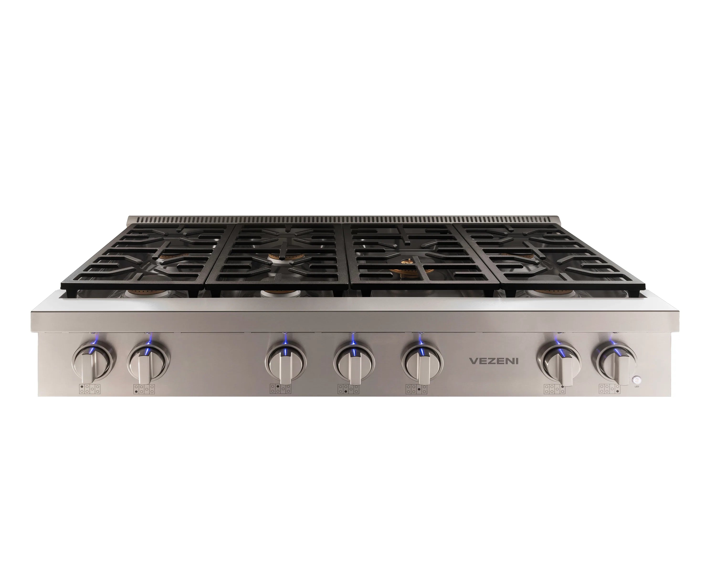 Stainless steel gas rangetop with black burner grates and front dial knobs.