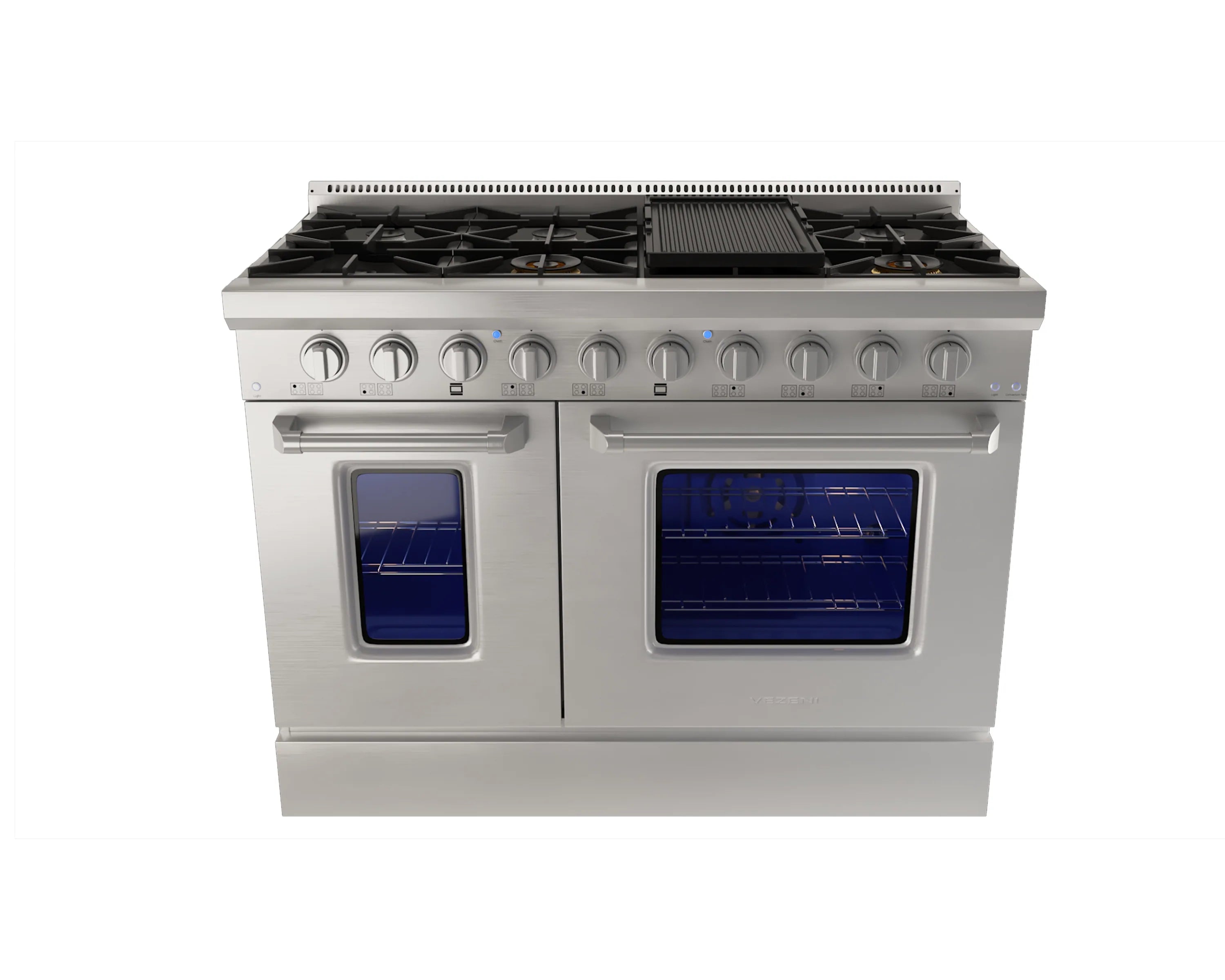 Stainless 48-inch gas range front view with dual oven windows and knobs