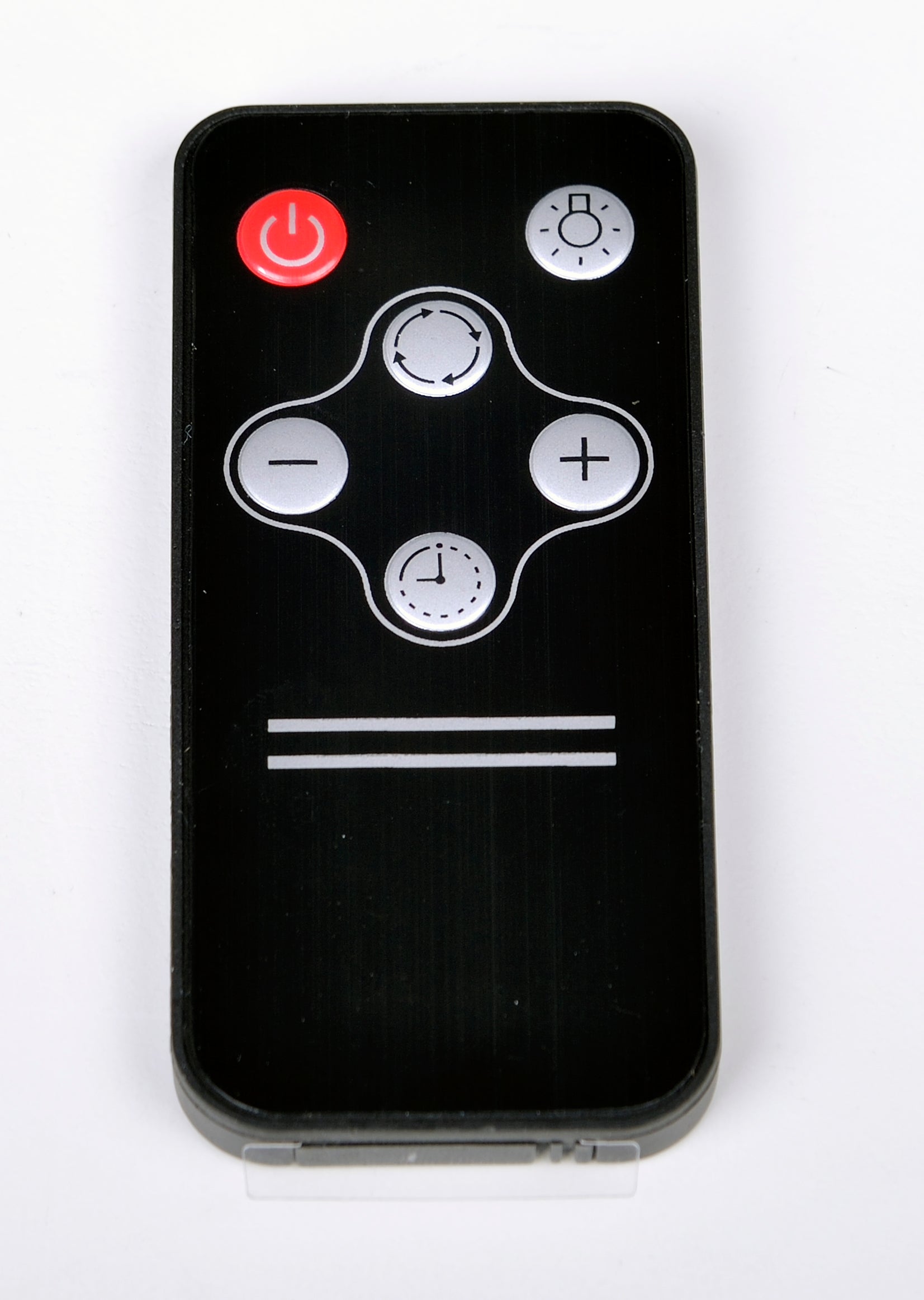Black range hood remote controller with red power and fan/light control buttons