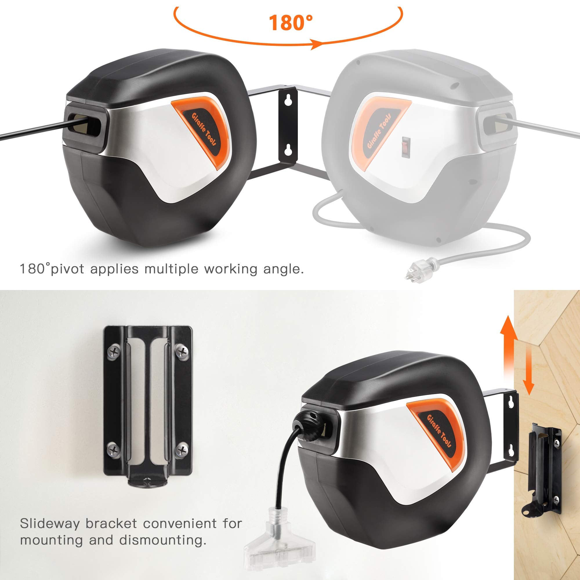 Retractable extension cord reel with 180° pivot and mounting bracket, black and white body