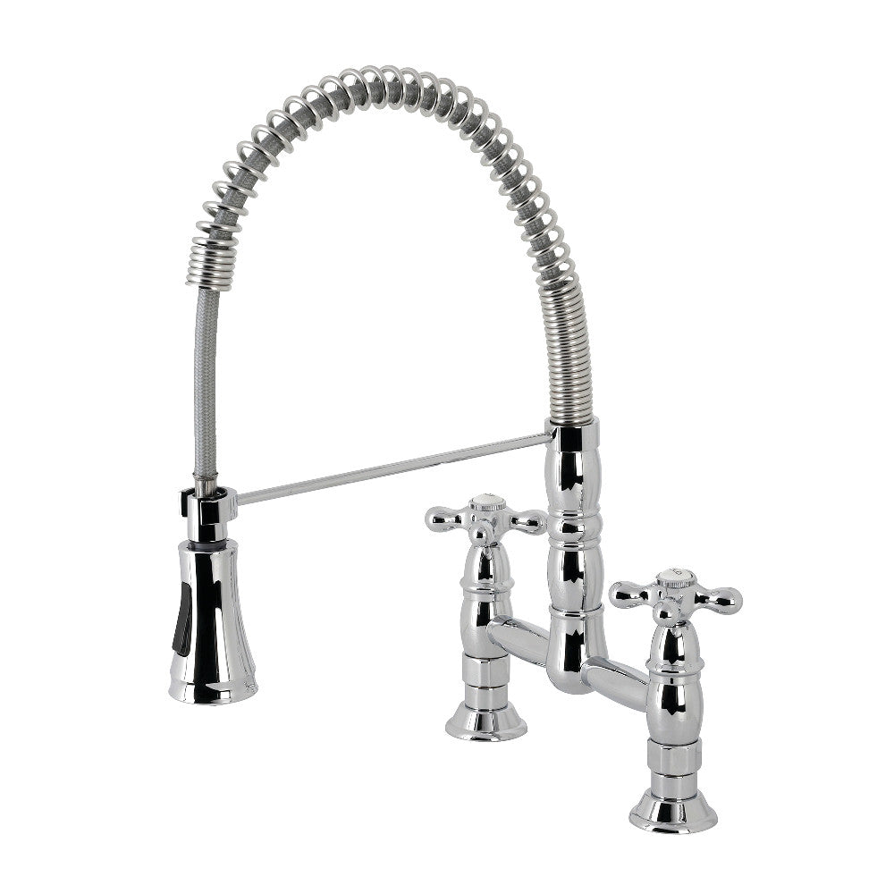 Polished chrome double-handle deck-mount kitchen pre-rinse faucet with arched sprayer hose