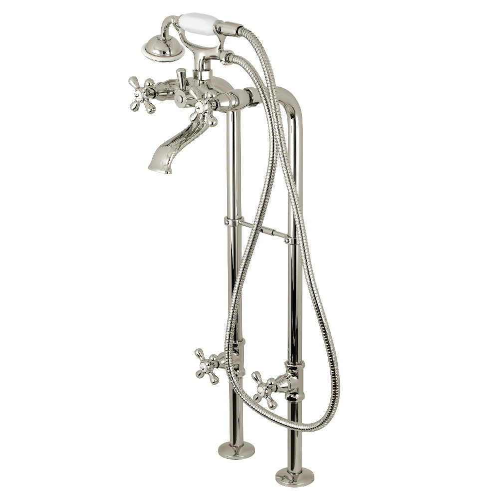 Freestanding tub faucet in polished nickel with two cross handles and flexible supply hoses