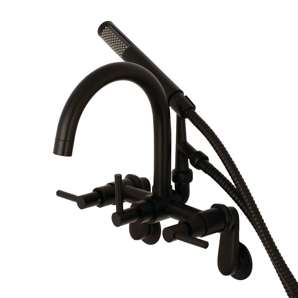 Wall-mounted tub faucet with matte black curved spout, two handles, and hand shower
